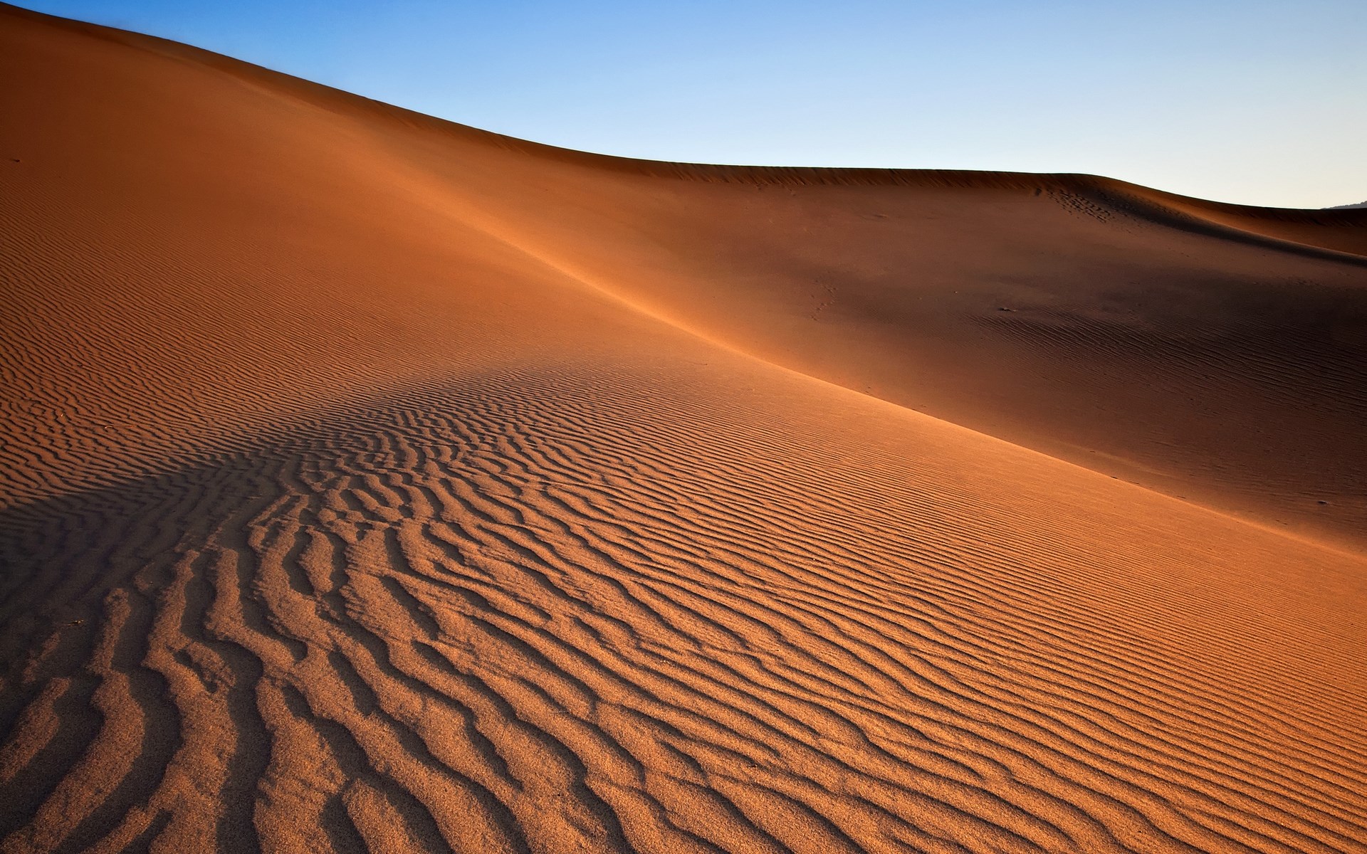 Desert sand dunes under a clear blue sky HD Wallpaper