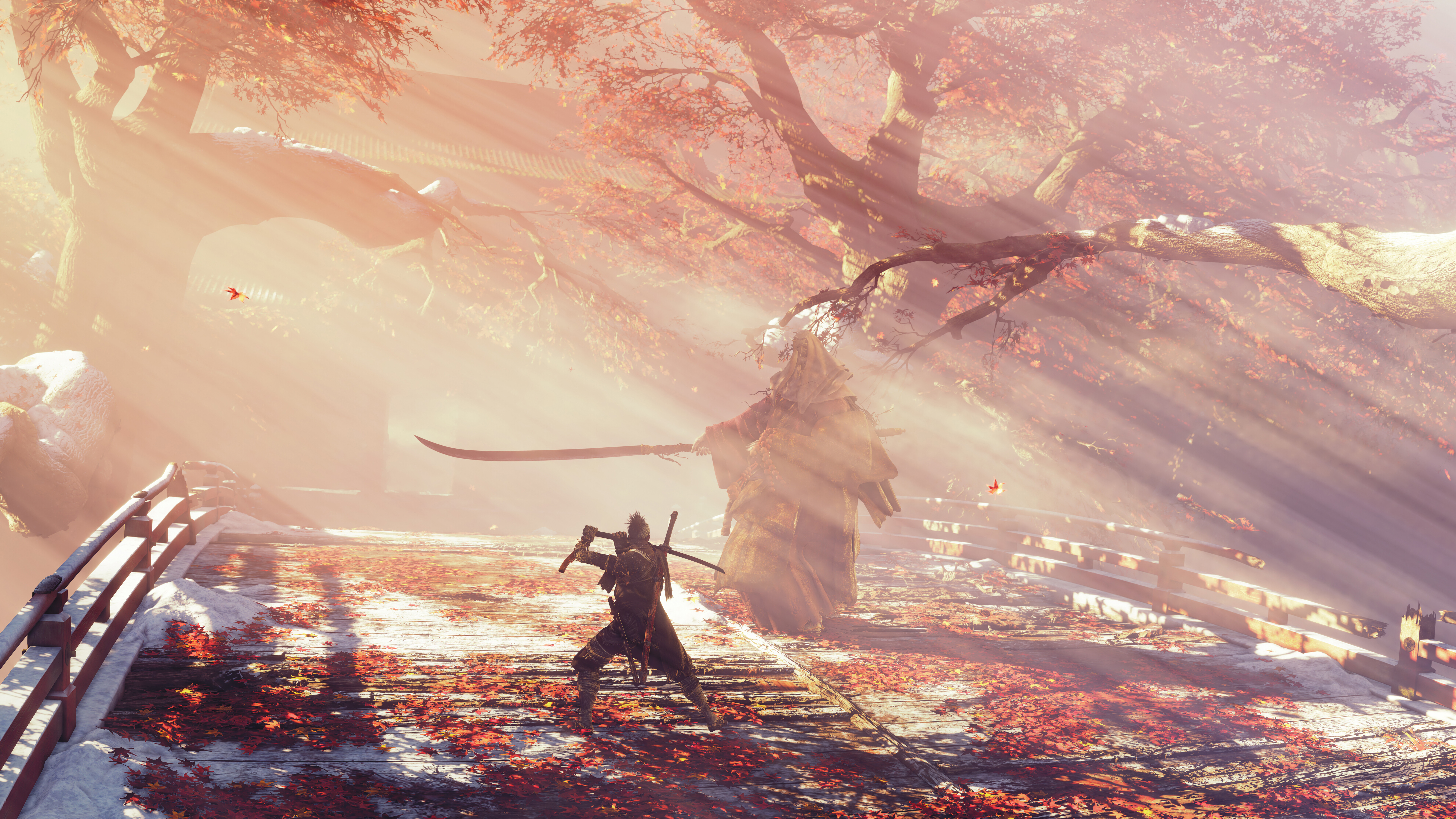 Sekiro: Shadows Die Twice - Wolf fights a boss on a bridge HD Wallpaper