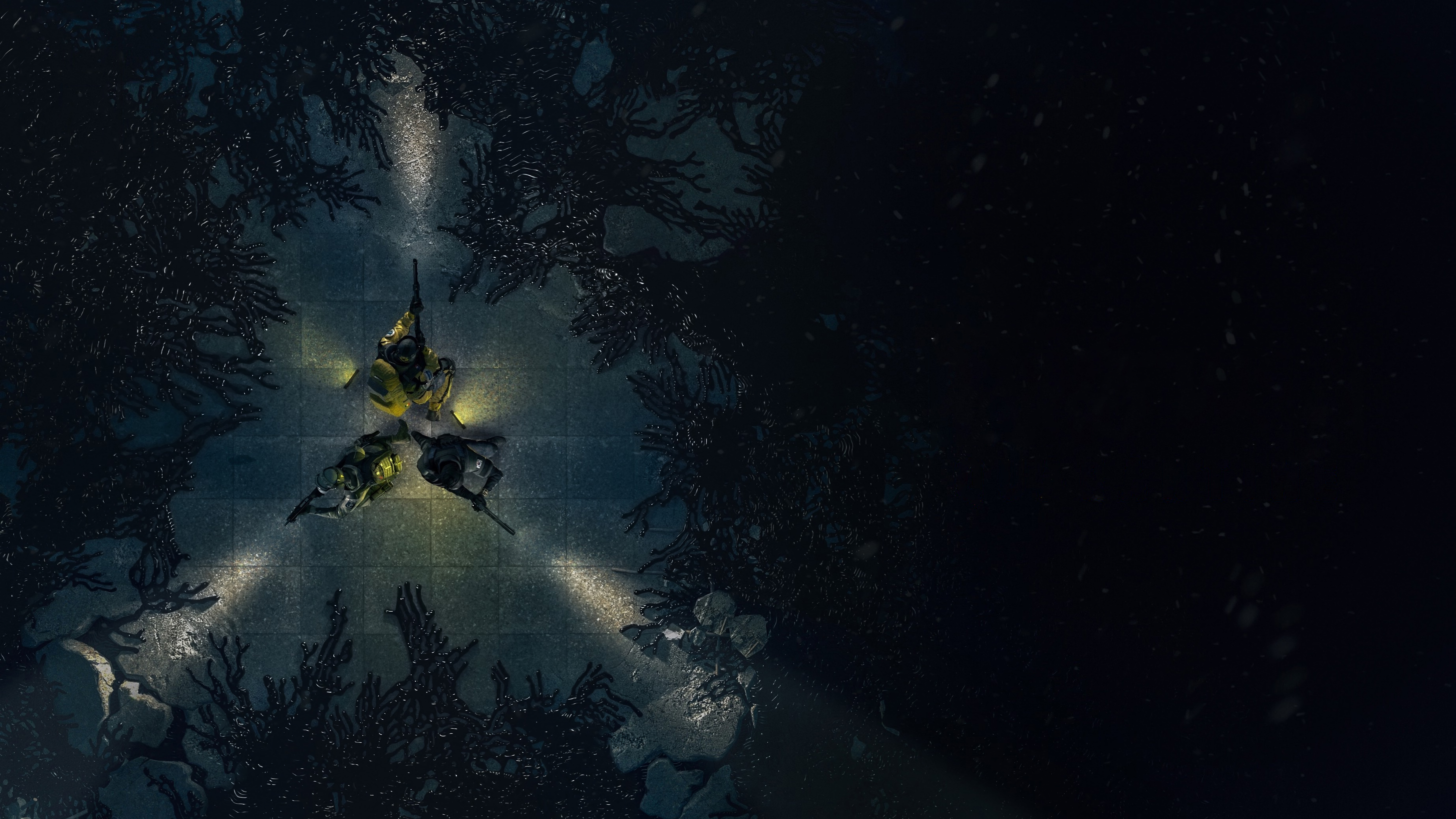 Three figures with flashlights in a dark, wet environment HD Wallpaper