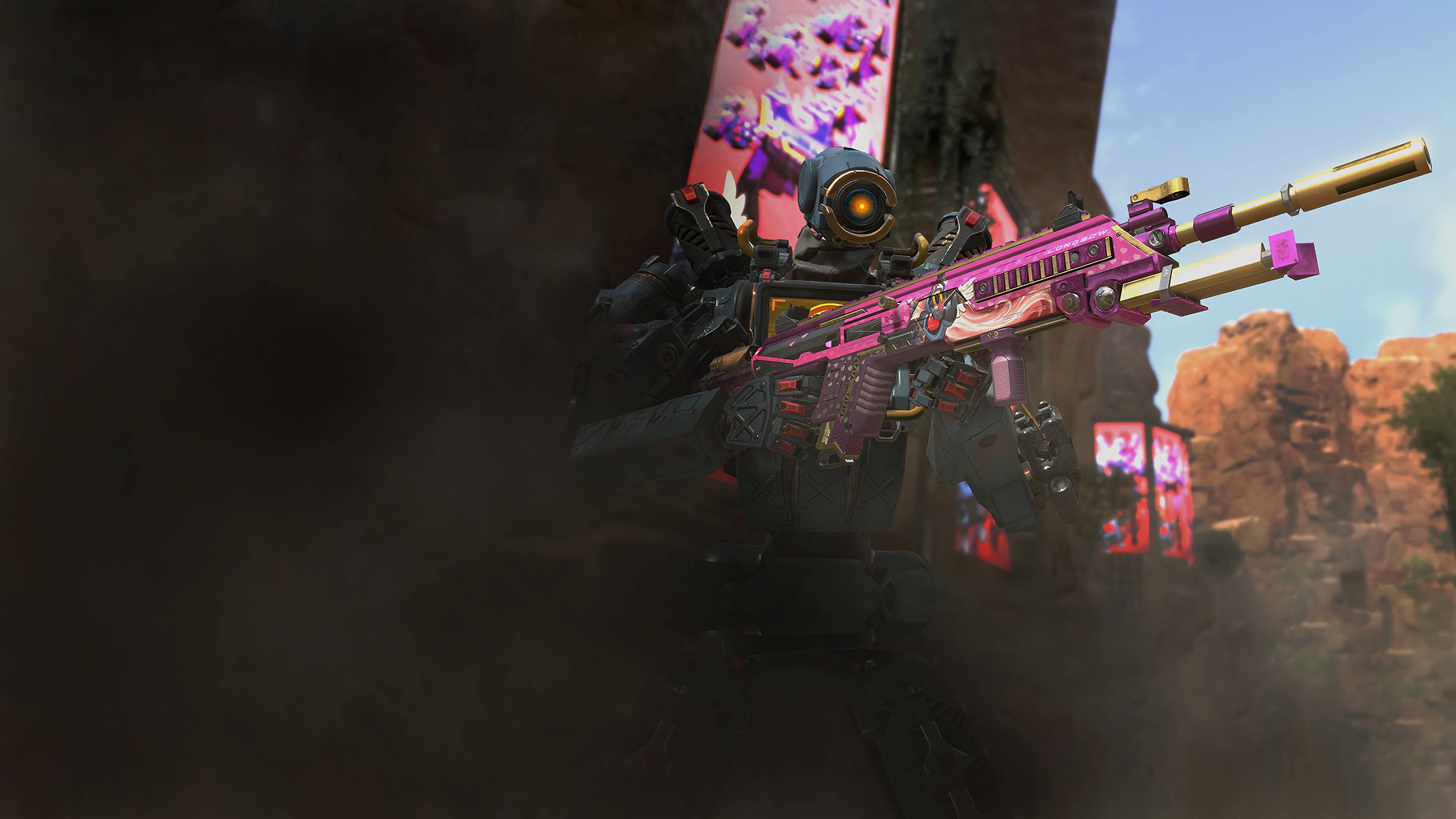 Pathfinder from Apex Legends with a pink weapon HD Wallpaper