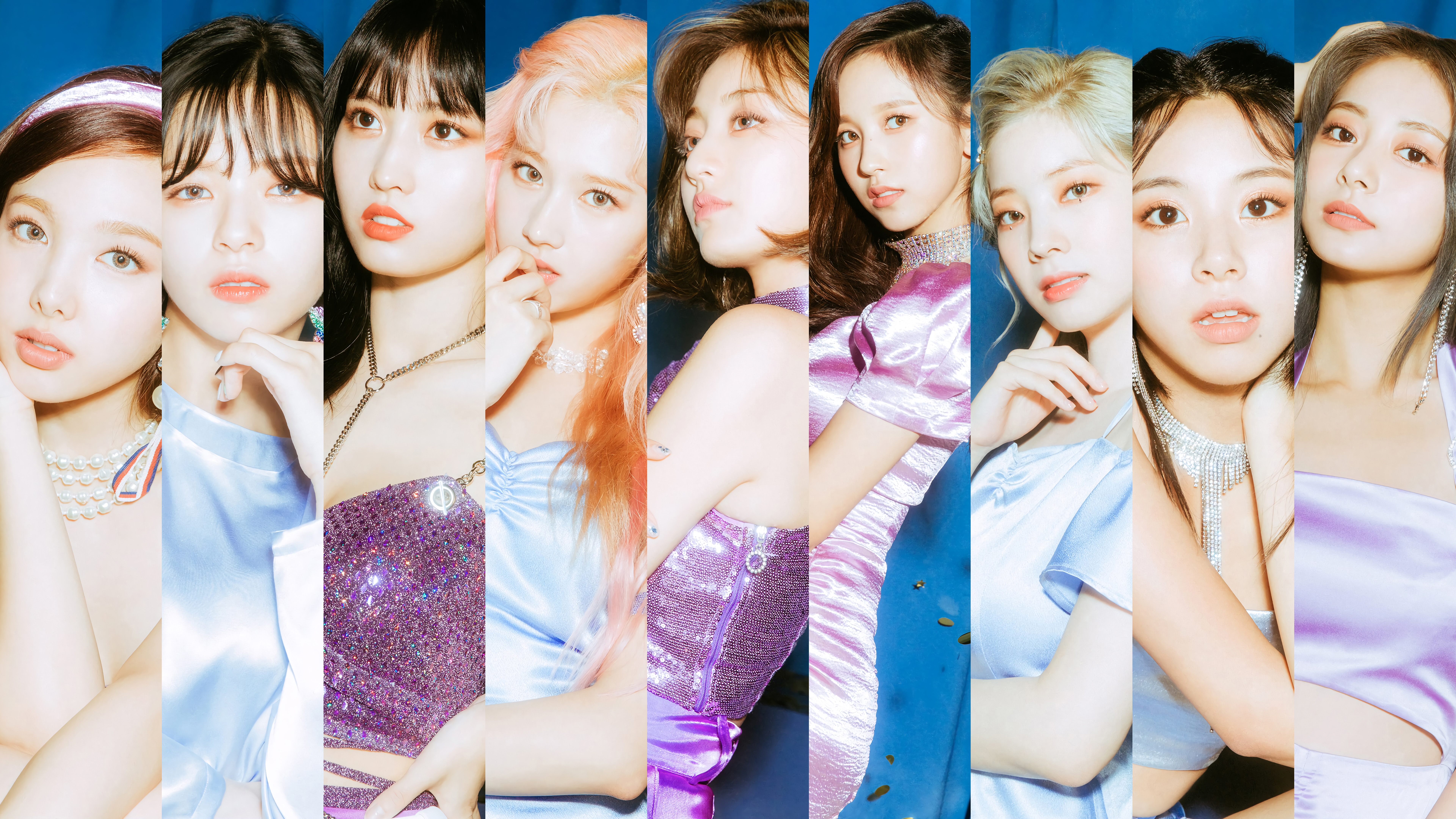 TWICE members in pastel and purple outfits HD Wallpaper