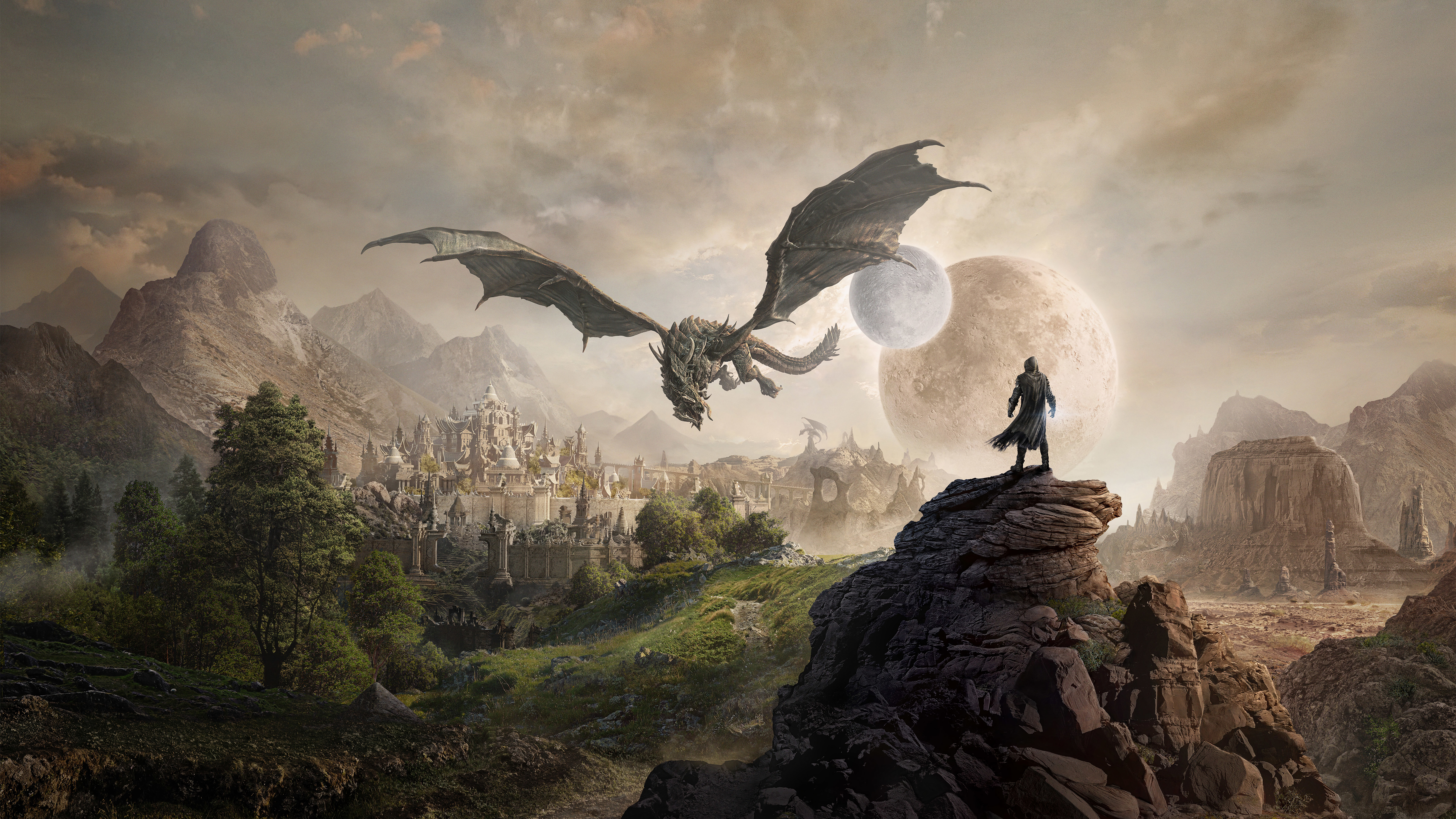 Dragon flying over a fantasy city with a man on a rock HD Wallpaper