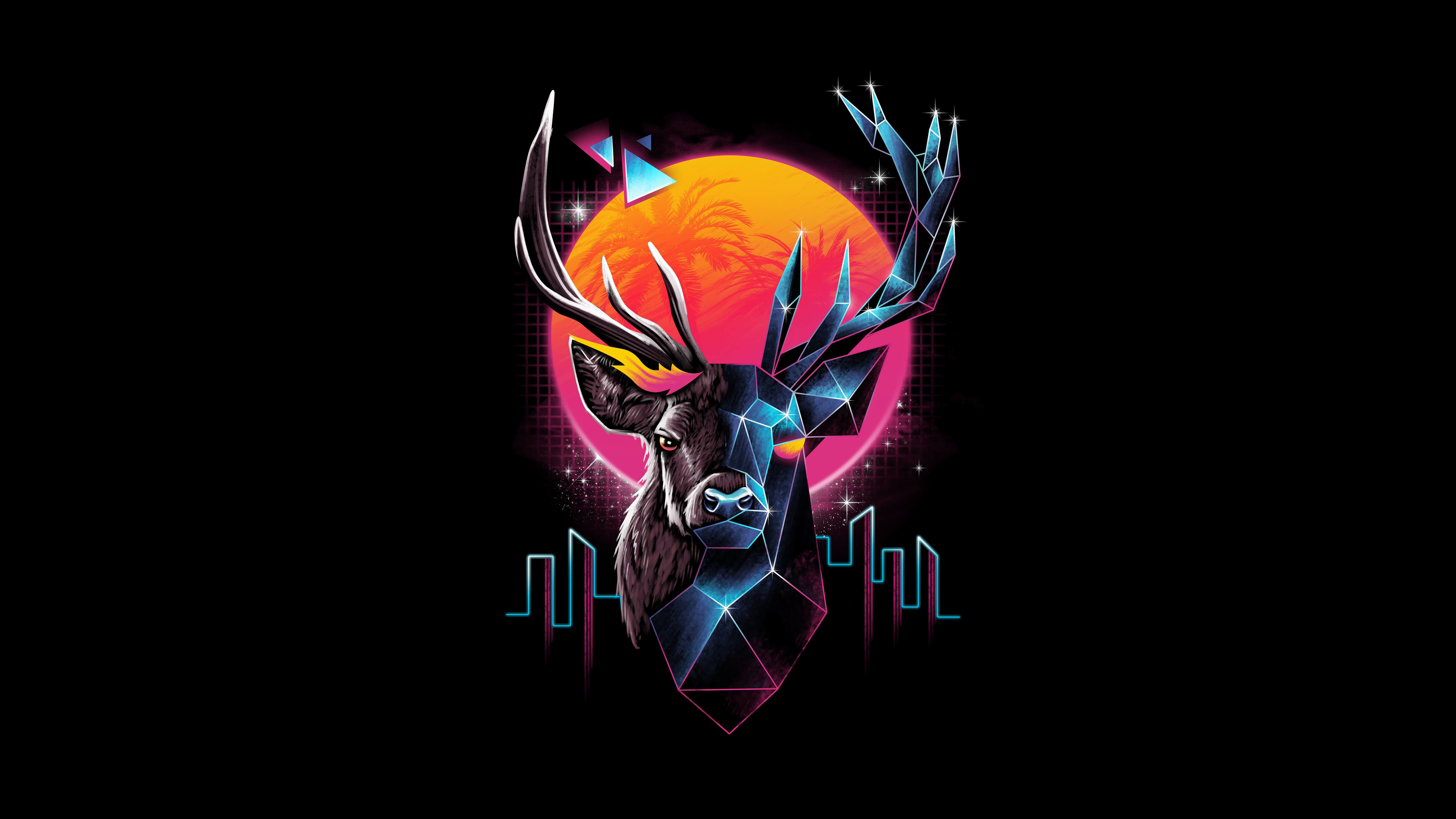 Geometric deer with neon city skyline HD Wallpaper