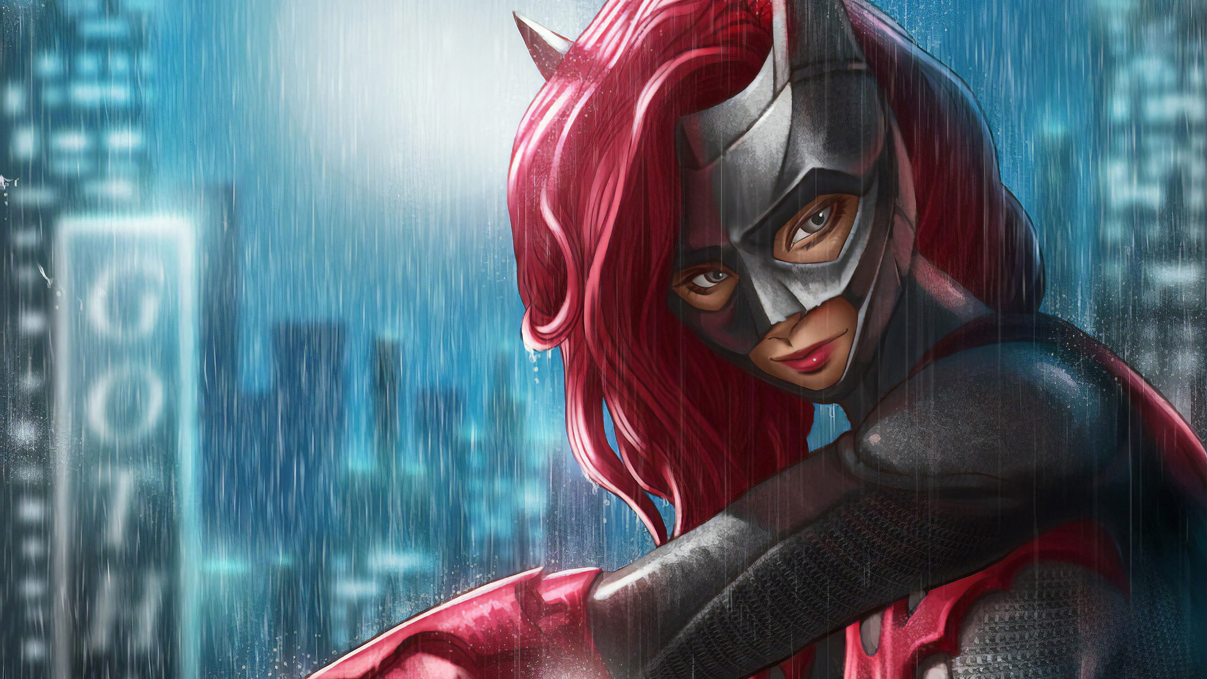 Batwoman in Gotham City during a rainstorm HD Wallpaper