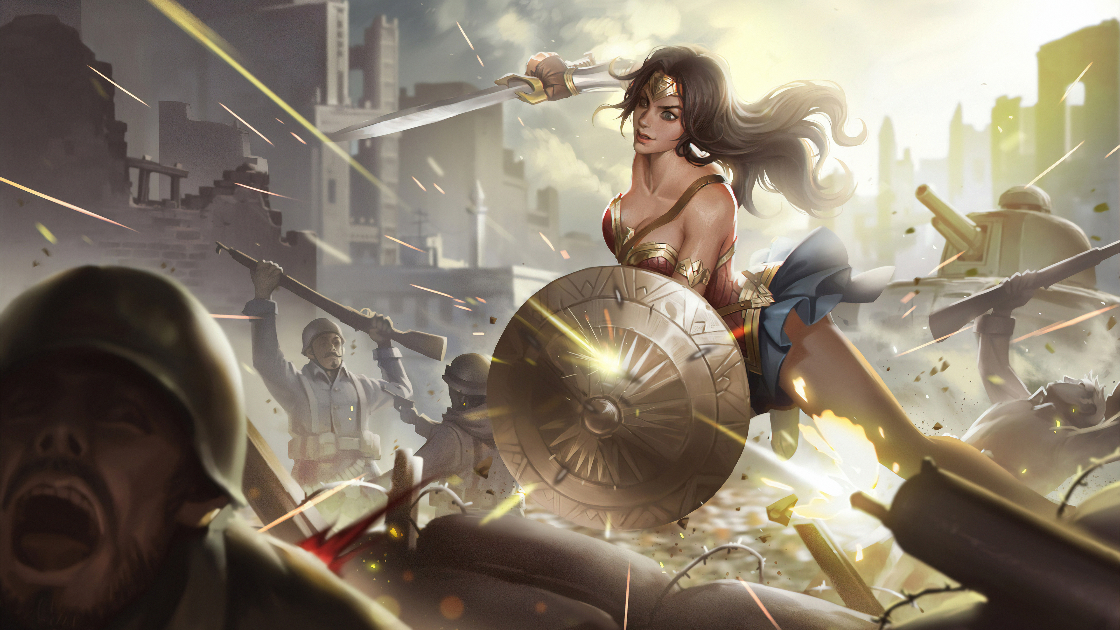 Wonder Woman in battle with sword and shield HD Wallpaper