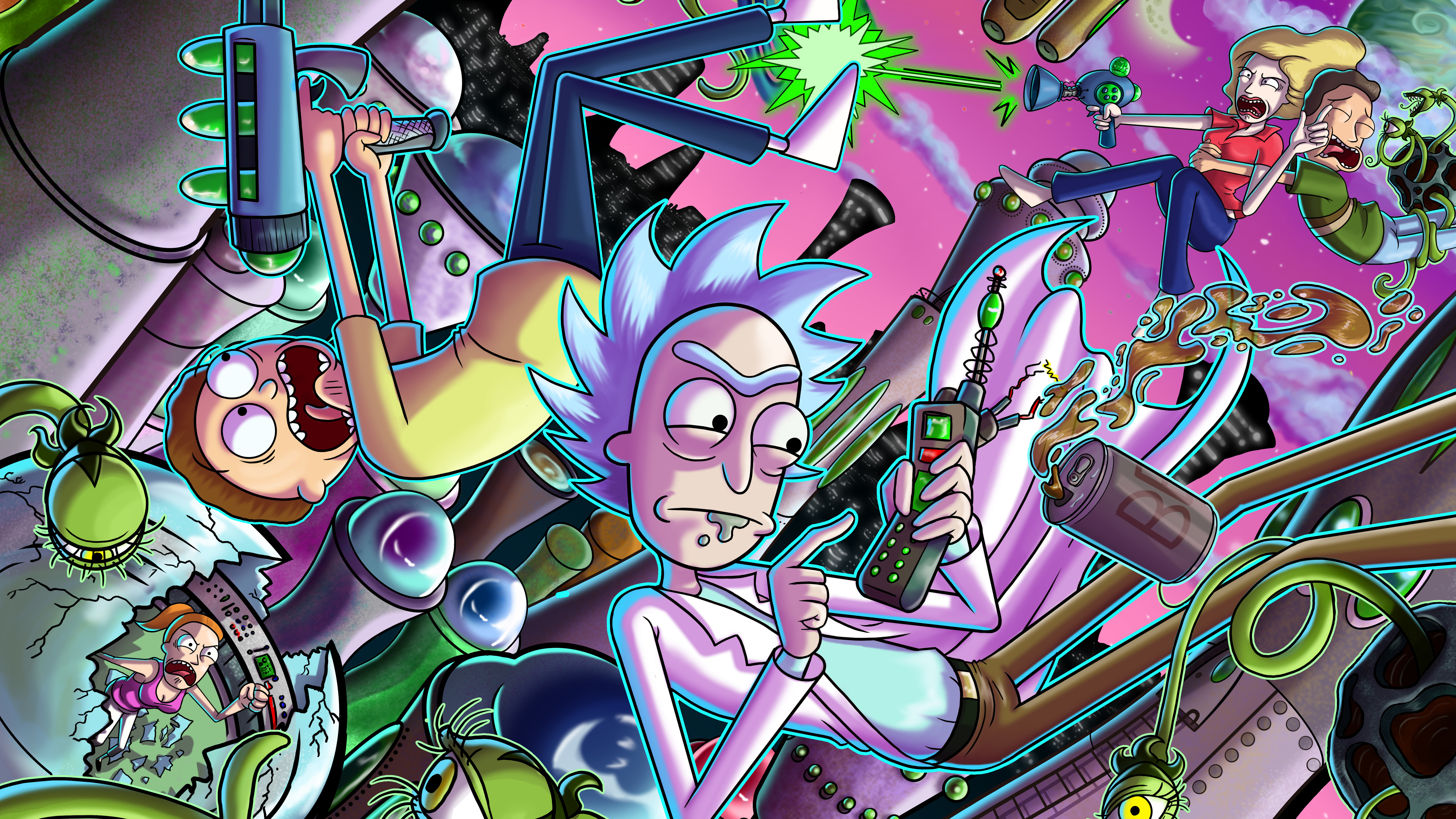 Rick and Morty in a chaotic scene HD Wallpaper