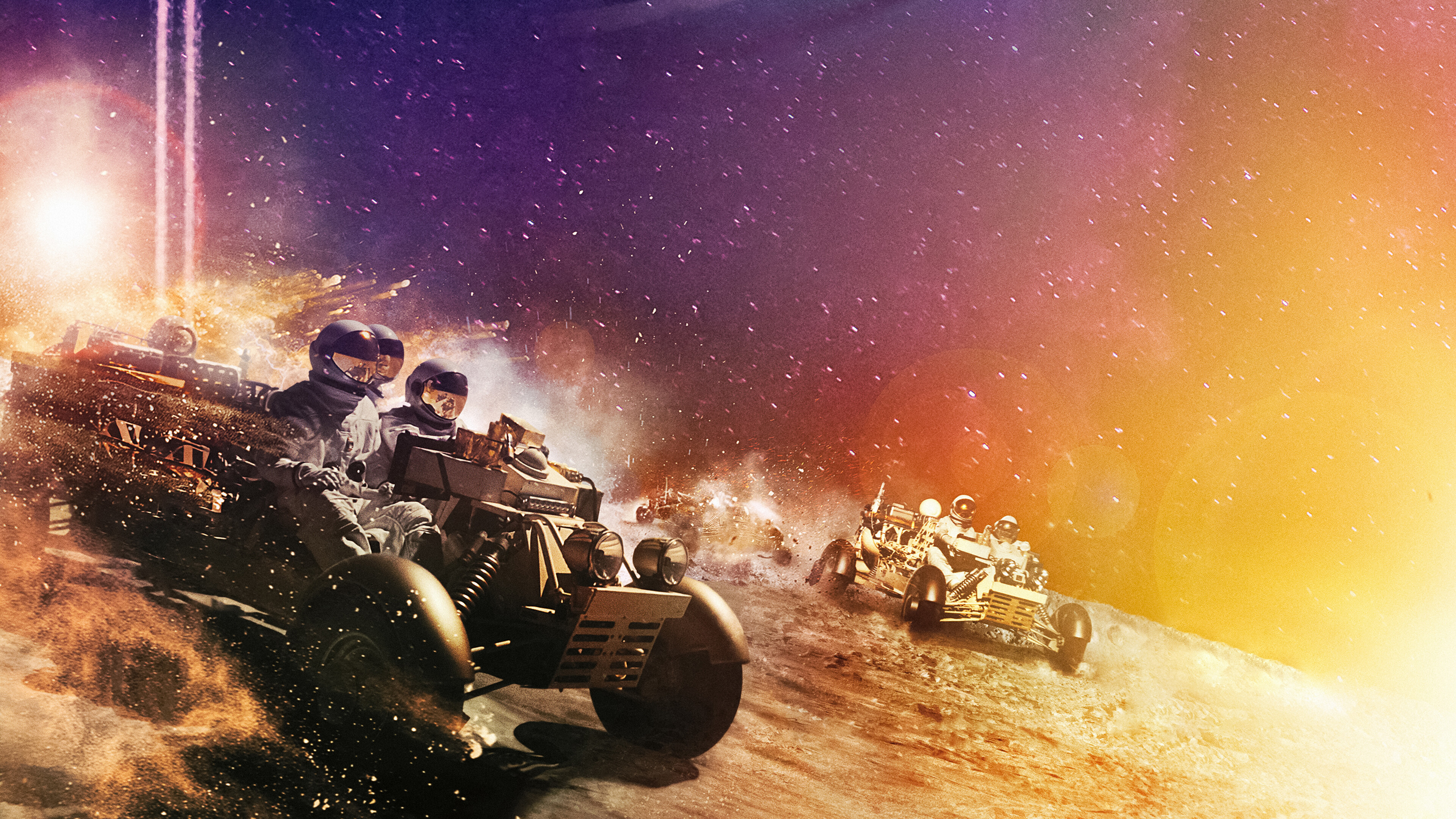 Astronauts in rovers on a planet with stars HD Wallpaper