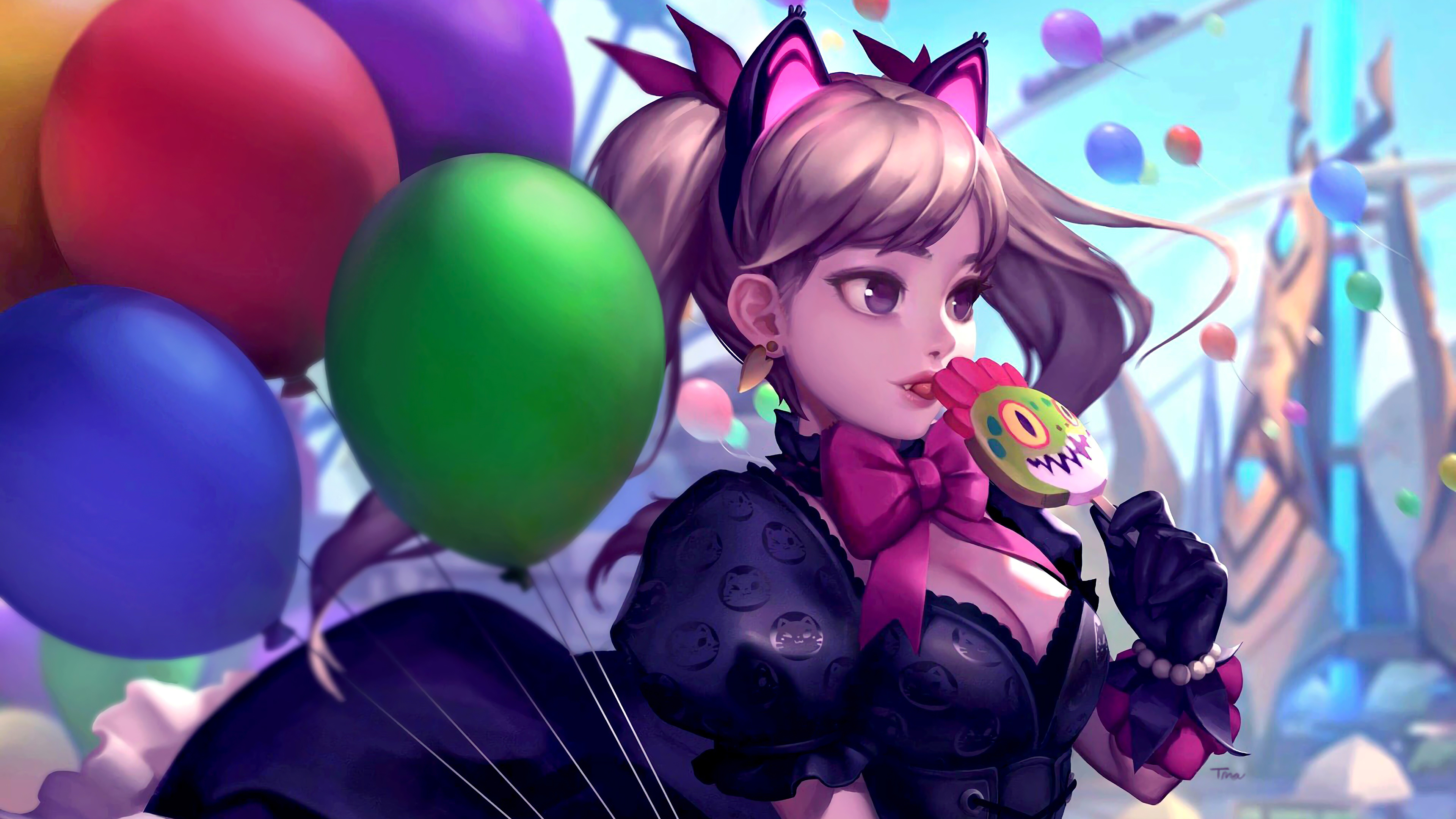 D.Va from Overwatch with Balloons and Lollipop HD Wallpaper