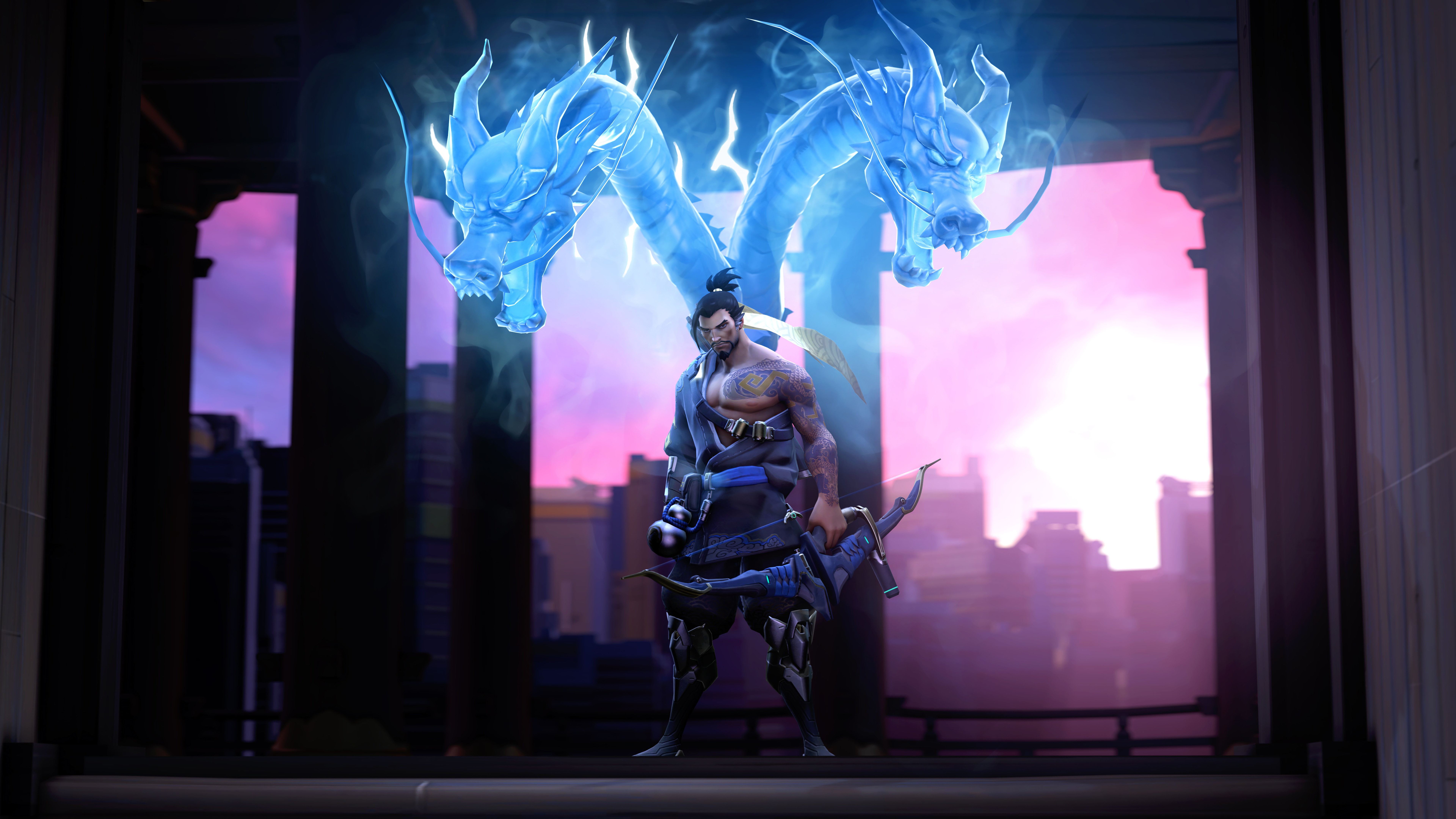 Hanzo from Overwatch with spirit dragons HD Wallpaper