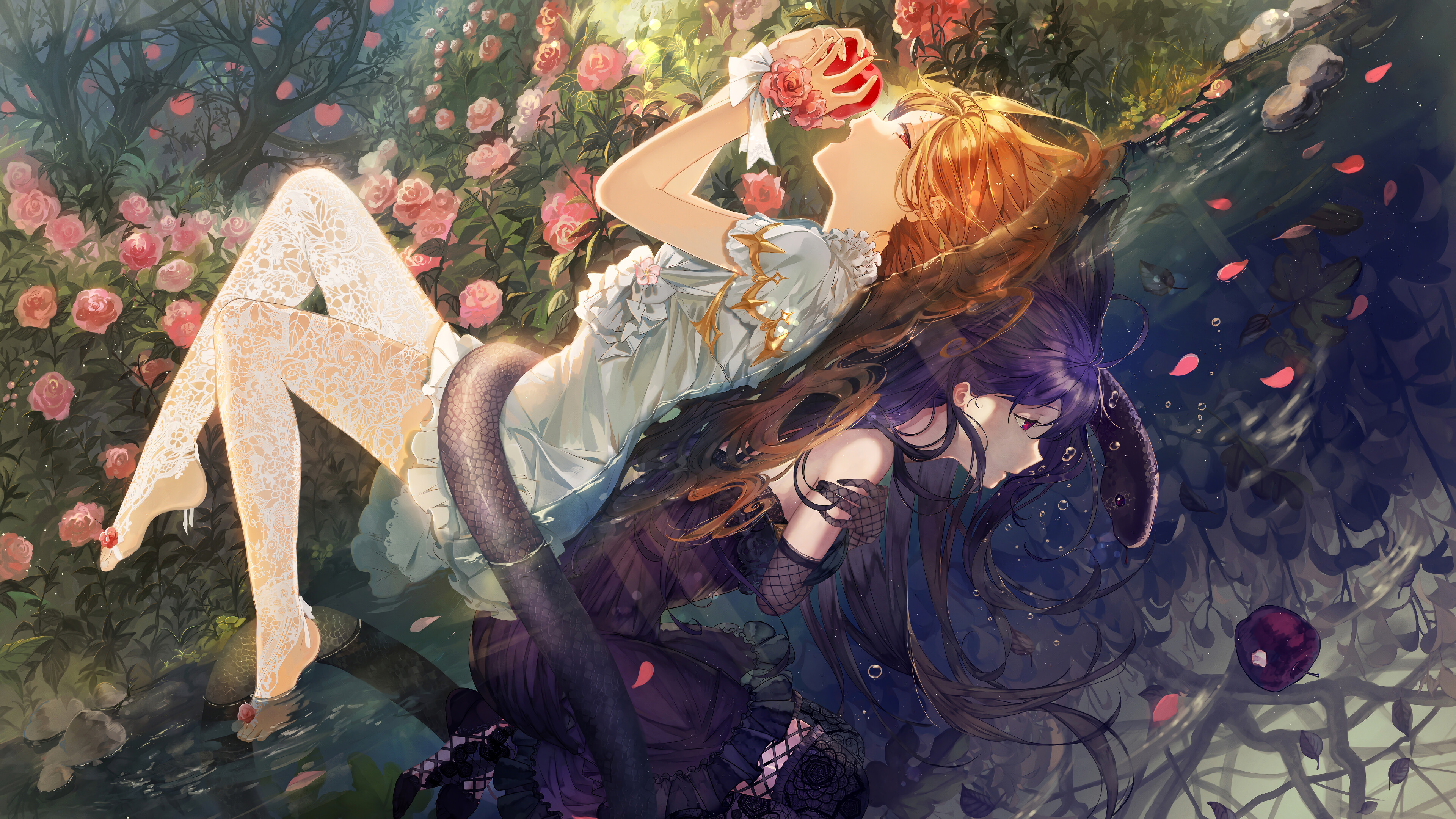Anime girls with snake in fantasy garden 4K HD Wallpaper