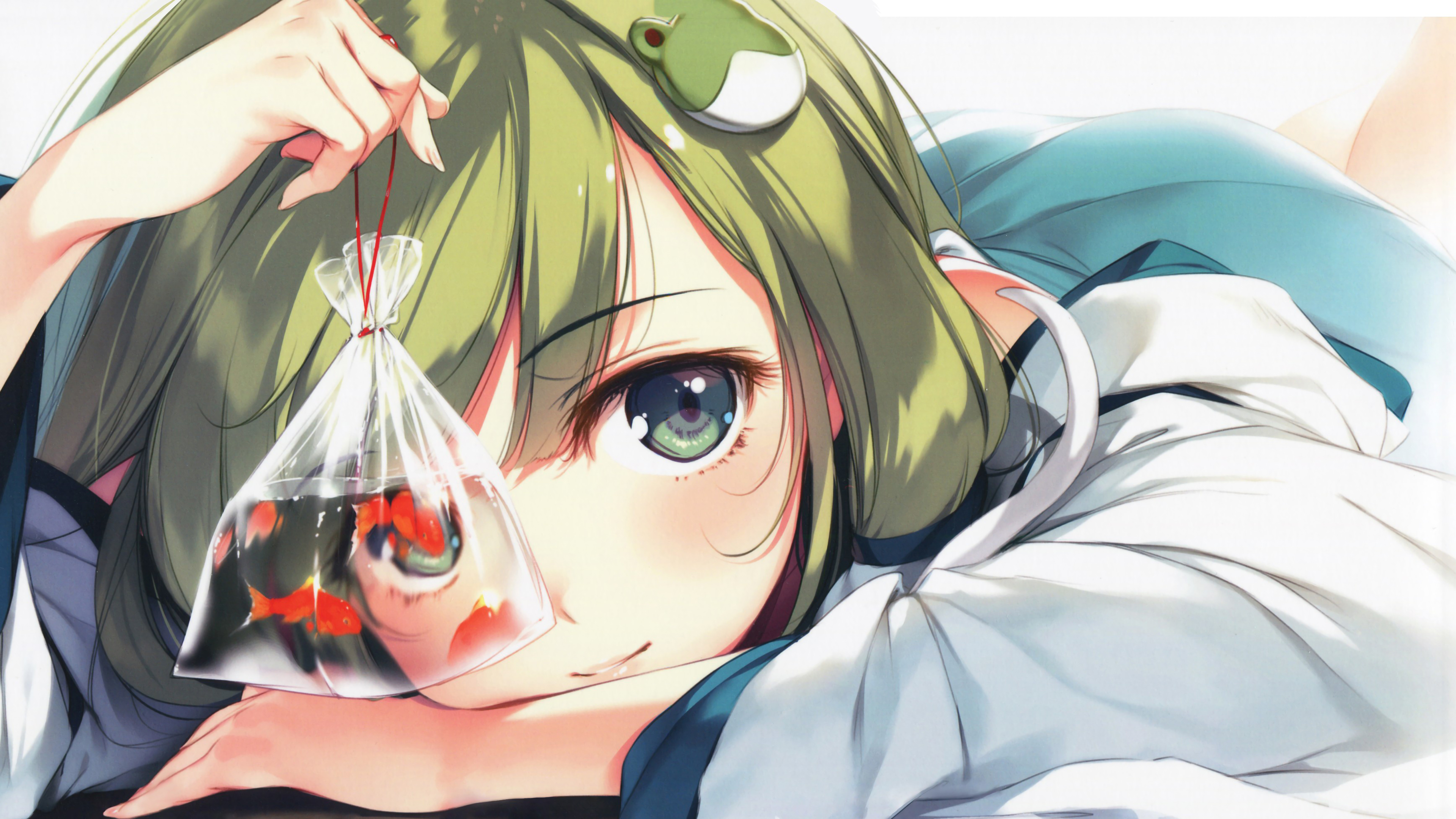 Anime Girl Holding Goldfish in a Bag 4K HD Wallpaper