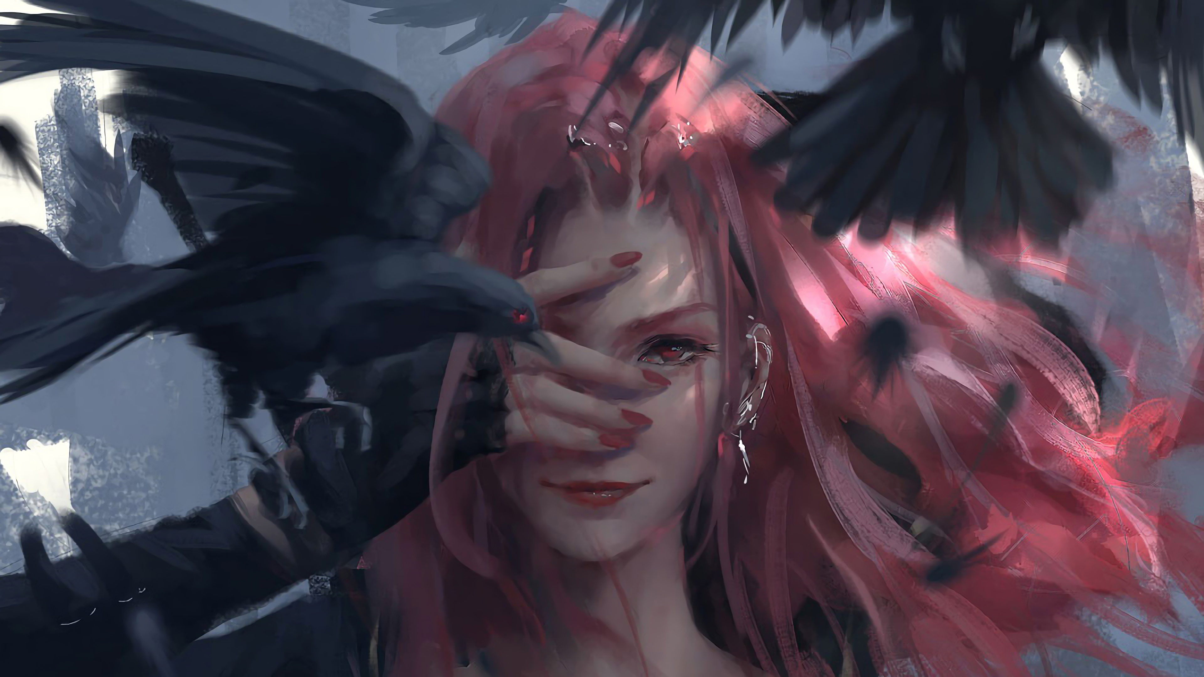 Fantasy Girl with Red Hair and Crows 4K HD Wallpaper