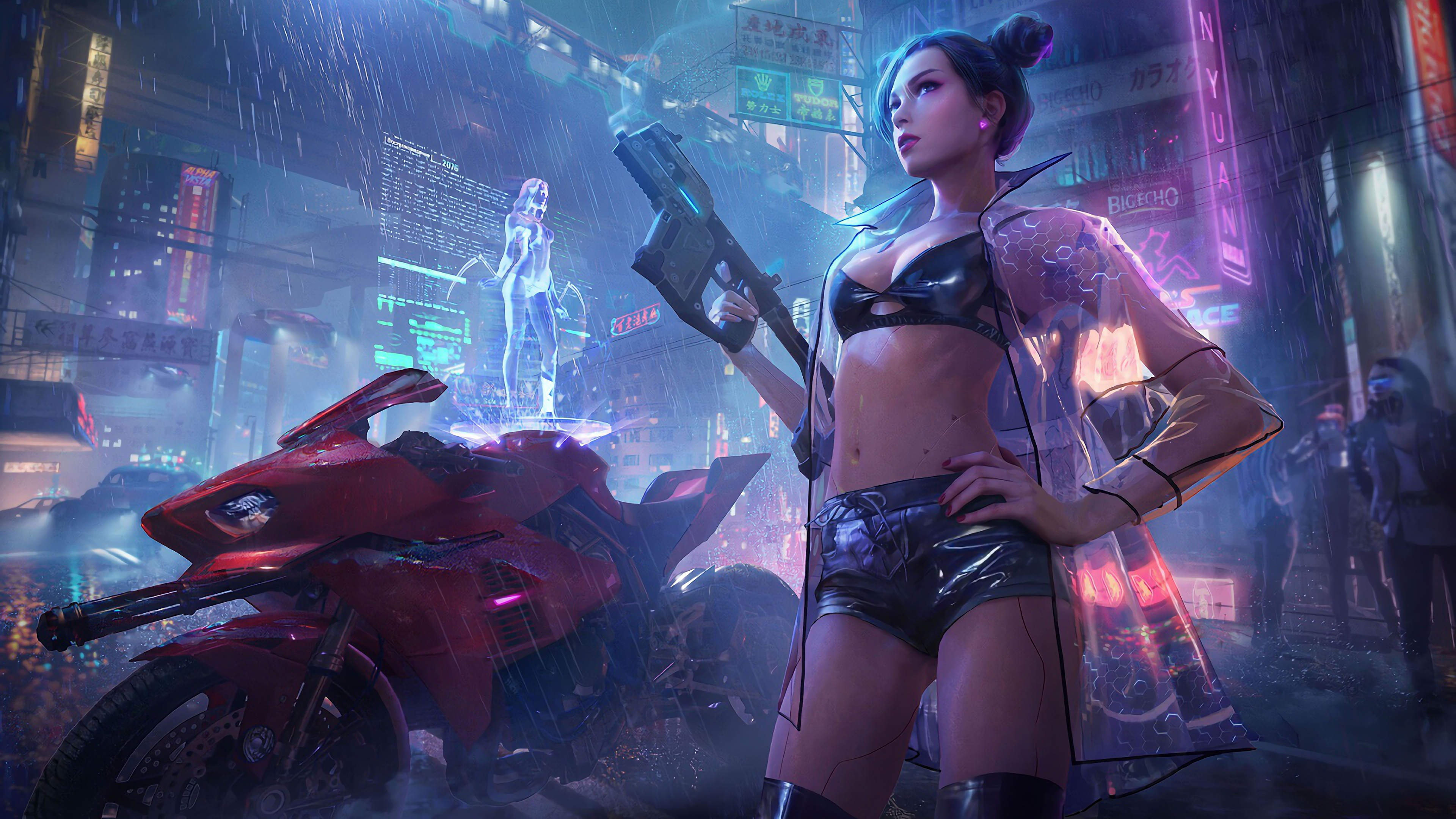 Cyberpunk Girl with Gun and Motorcycle in Neon City 4K HD Wallpaper