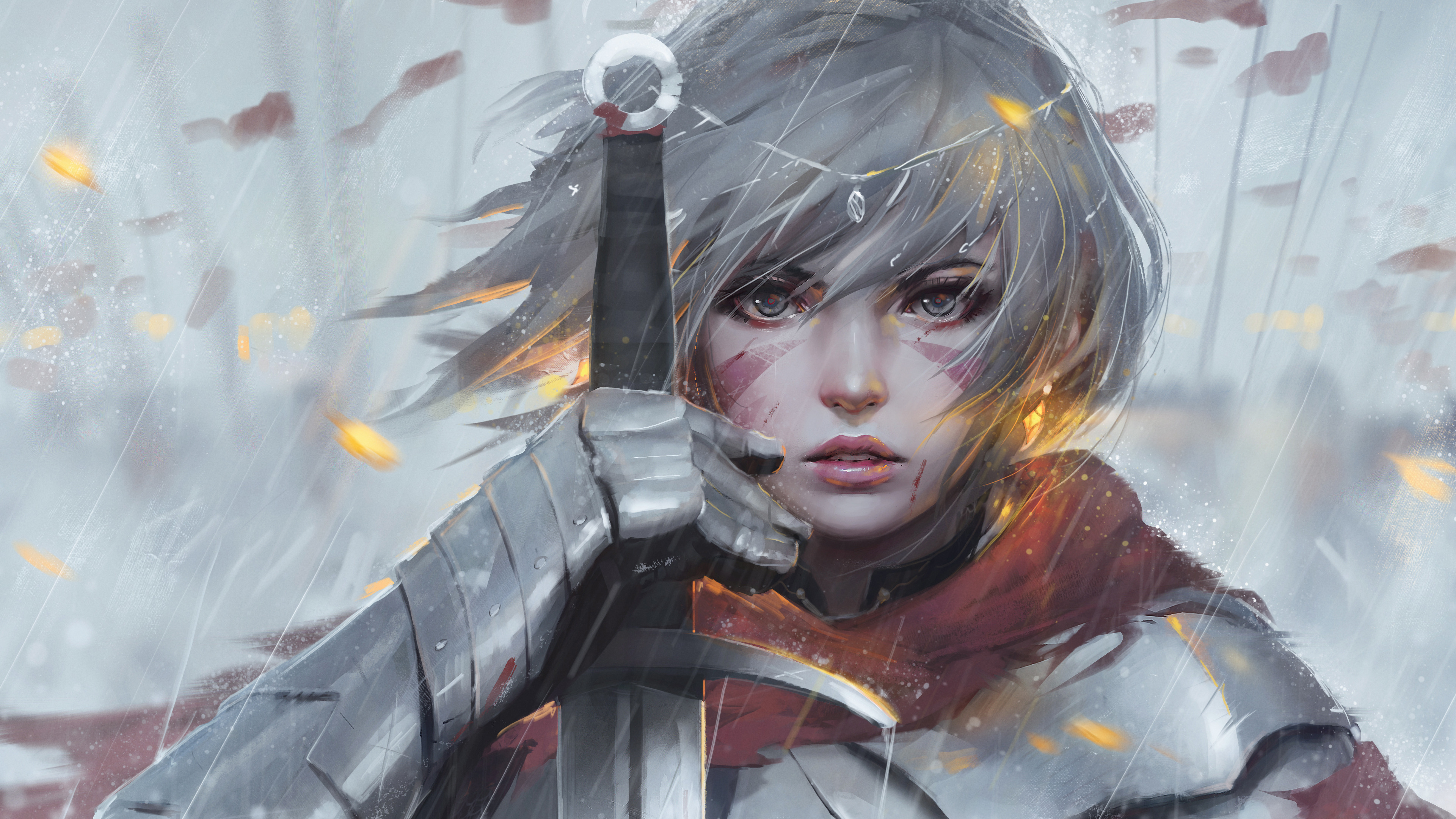 Fantasy Girl Warrior with Sword in Rain 4K HD Wallpaper