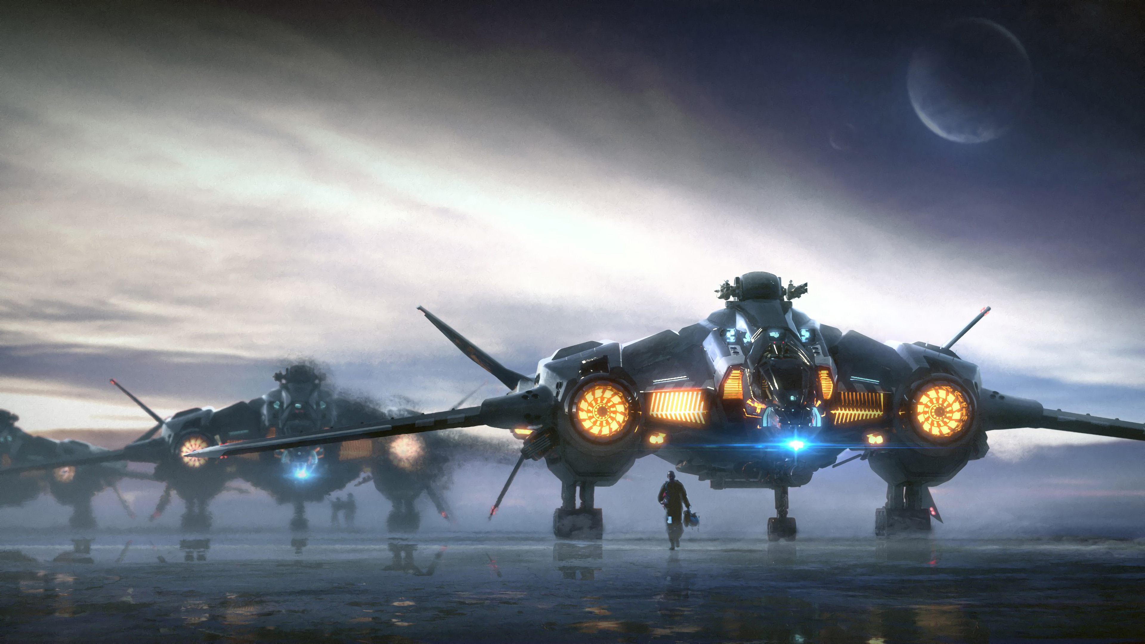 Star Citizen aircraft on a misty planet with a moon HD Wallpaper