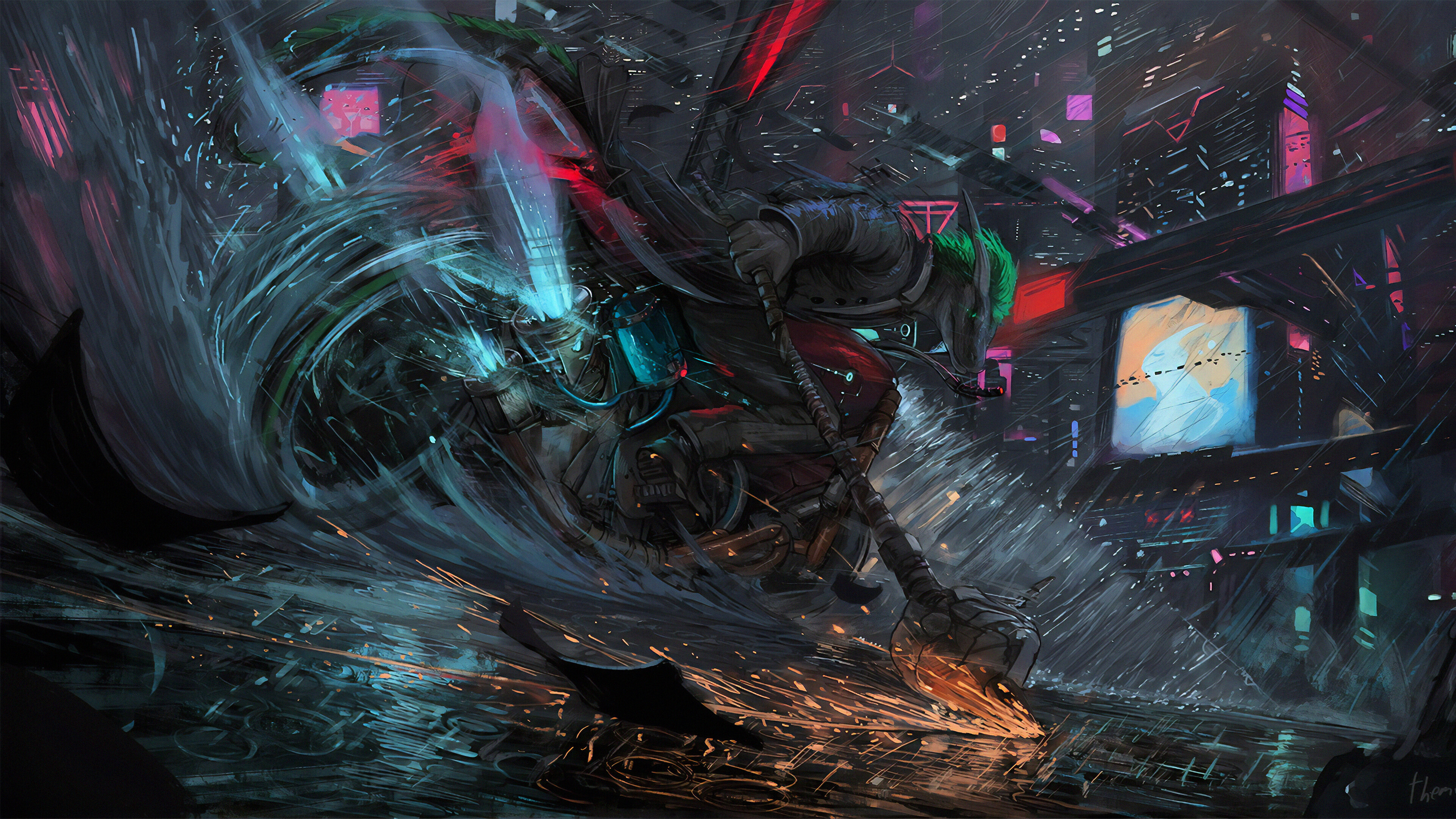 Cyberpunk character on a motorcycle in a rainy city 4K HD Wallpaper