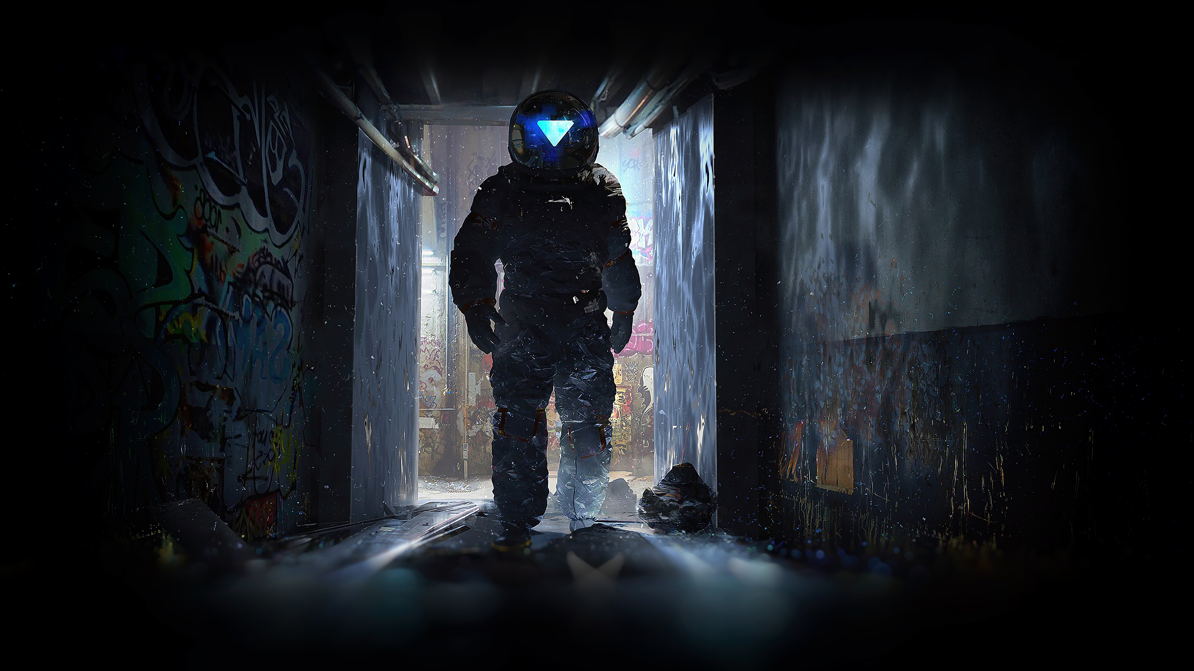 Astronaut in a graffiti-covered hallway 4K HD Wallpaper