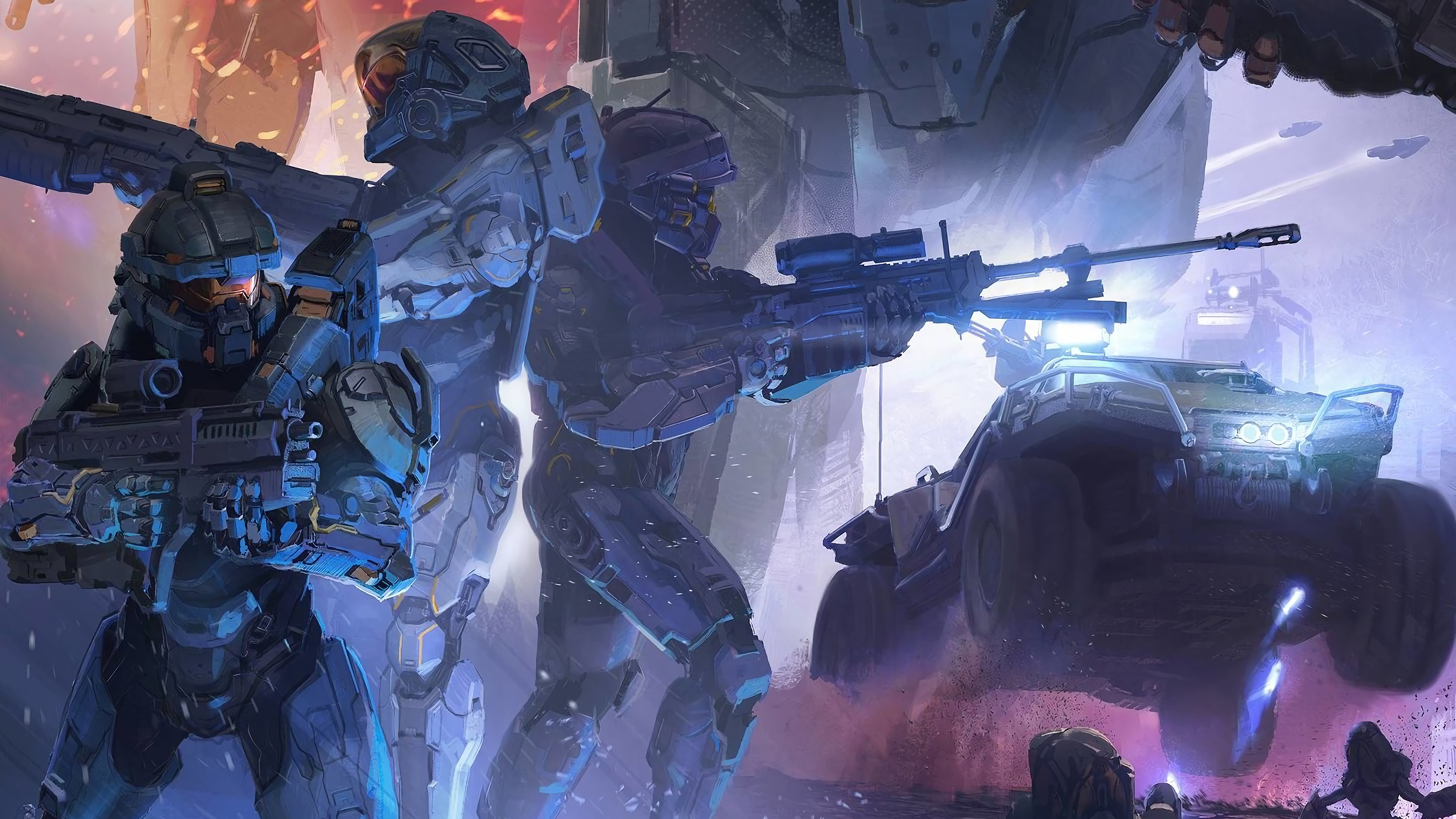 Soldiers in Halo armor with a Warthog vehicle HD Wallpaper