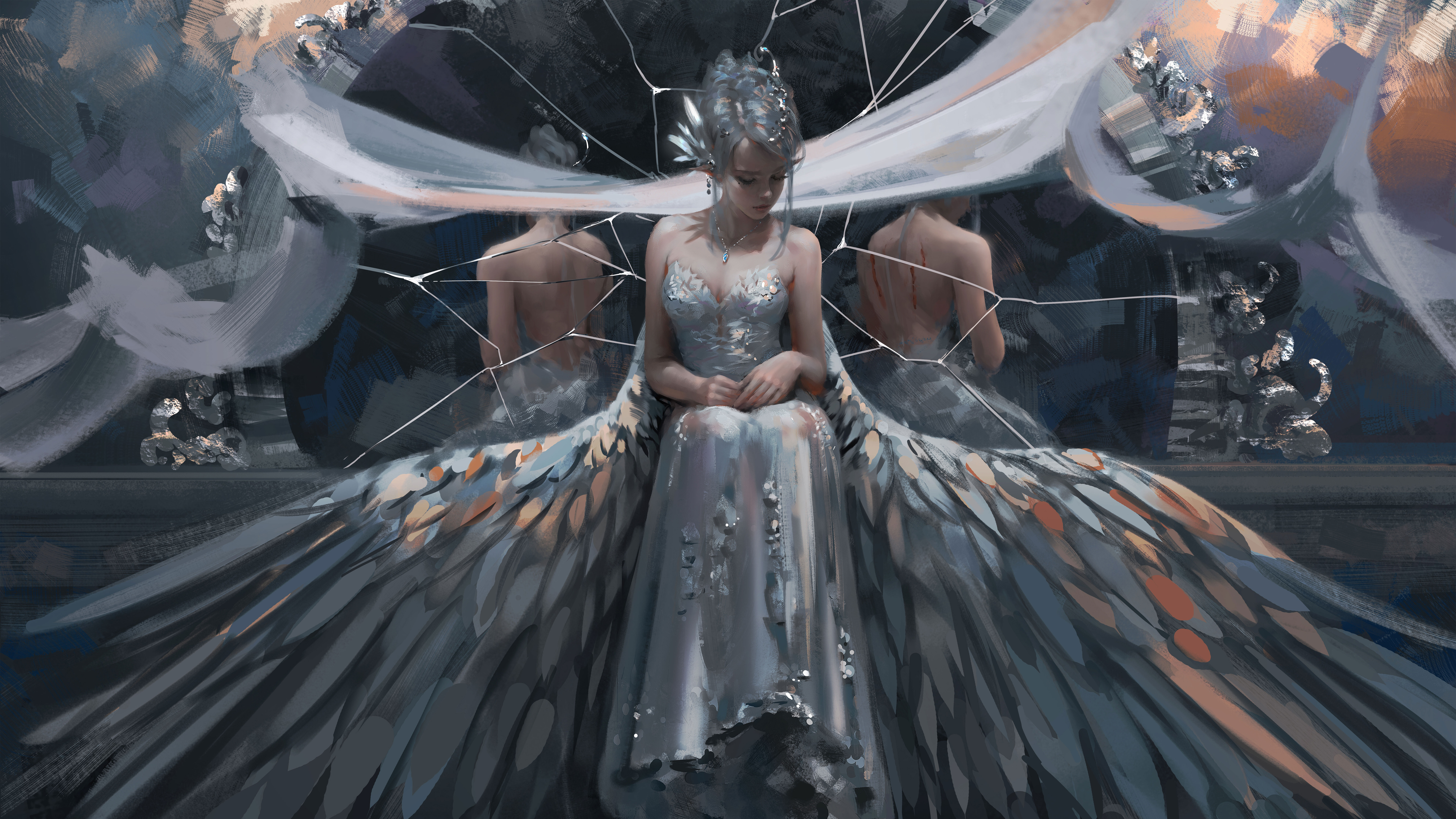 Woman with large wings in a broken mirror HD Wallpaper