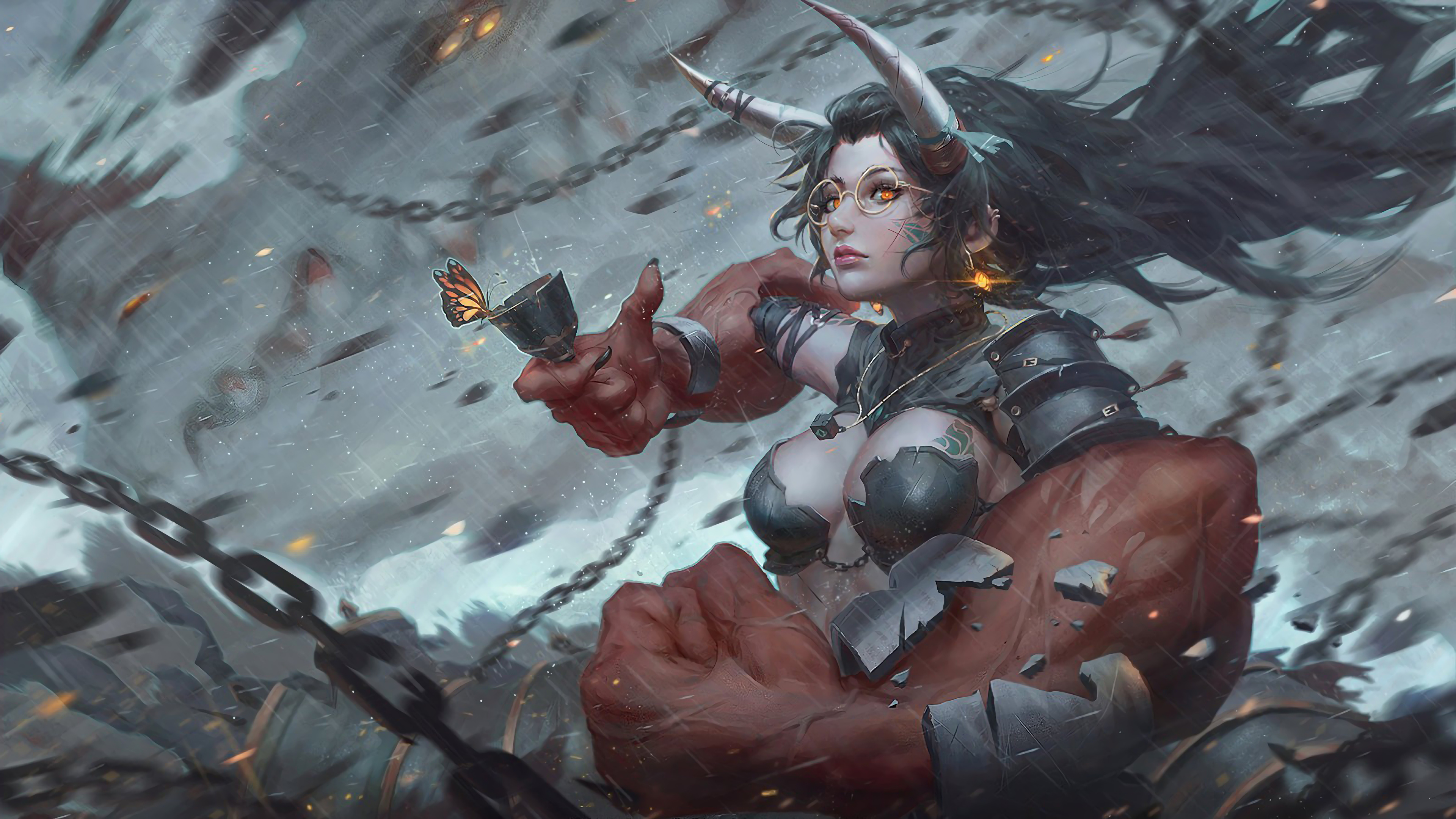 Fantasy Warrior Girl with Horns and Butterfly HD Wallpaper