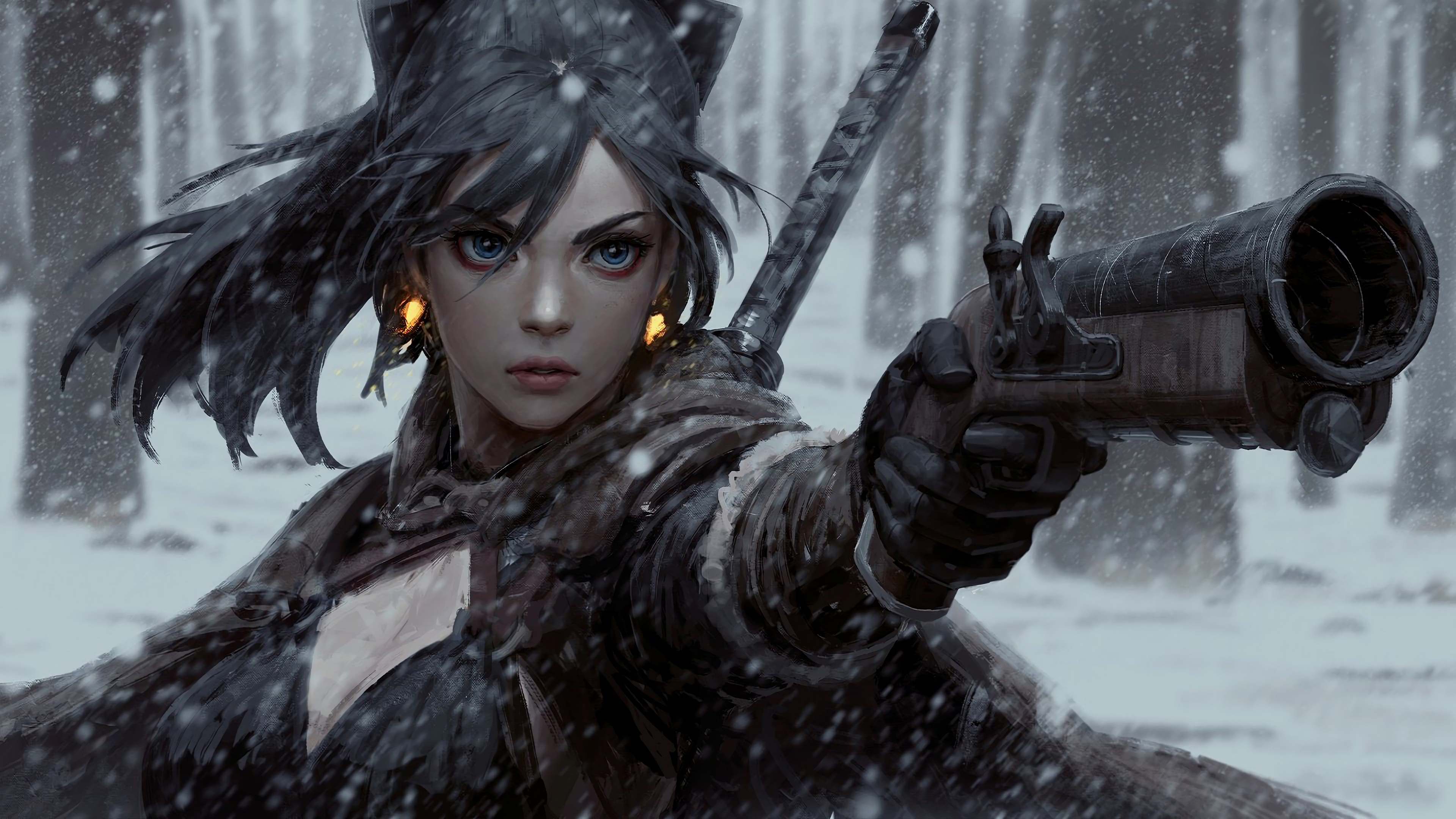 Girl with pistol and sword in snow HD Wallpaper