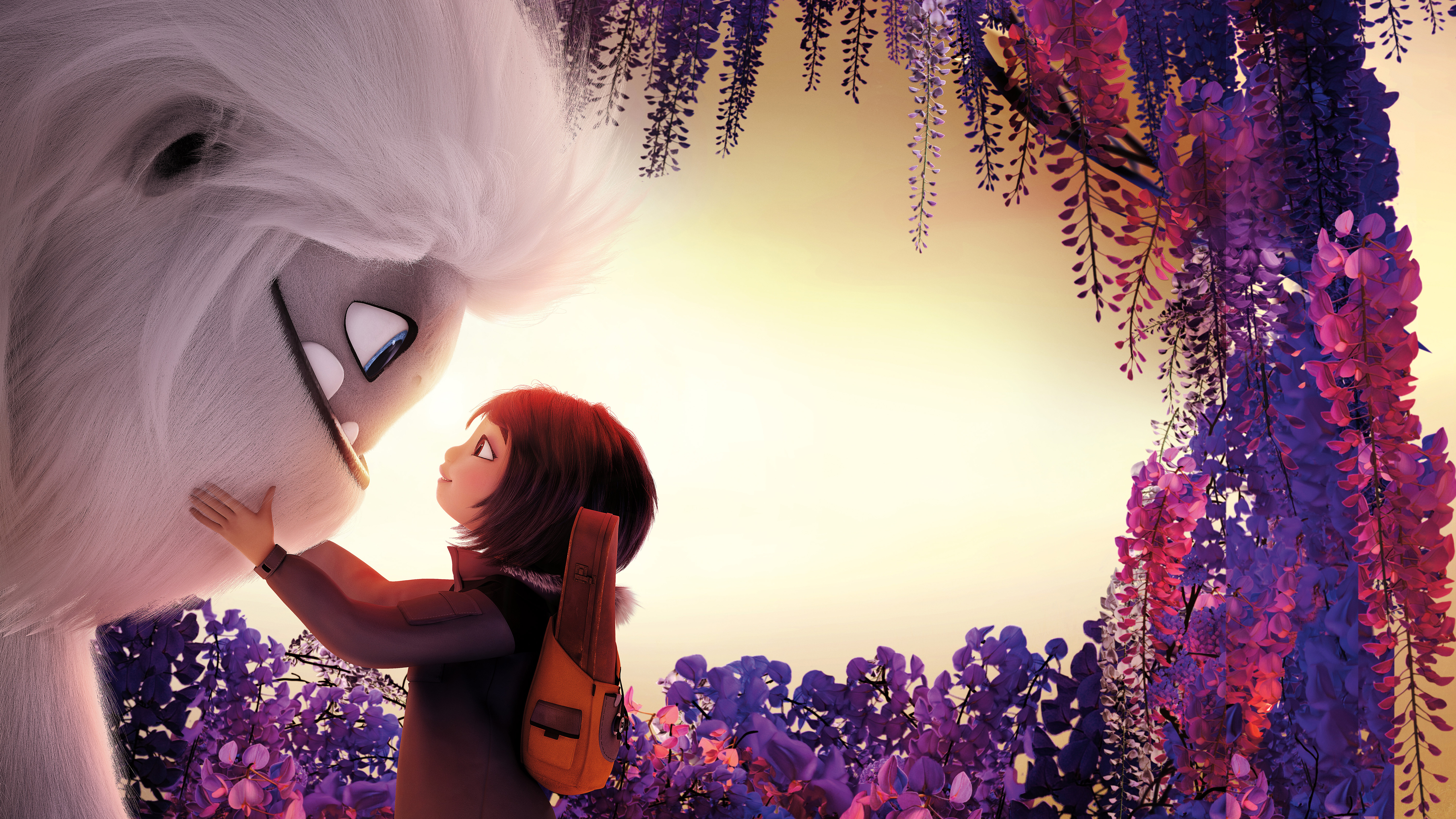 Yeti and girl with purple flowers HD Wallpaper
