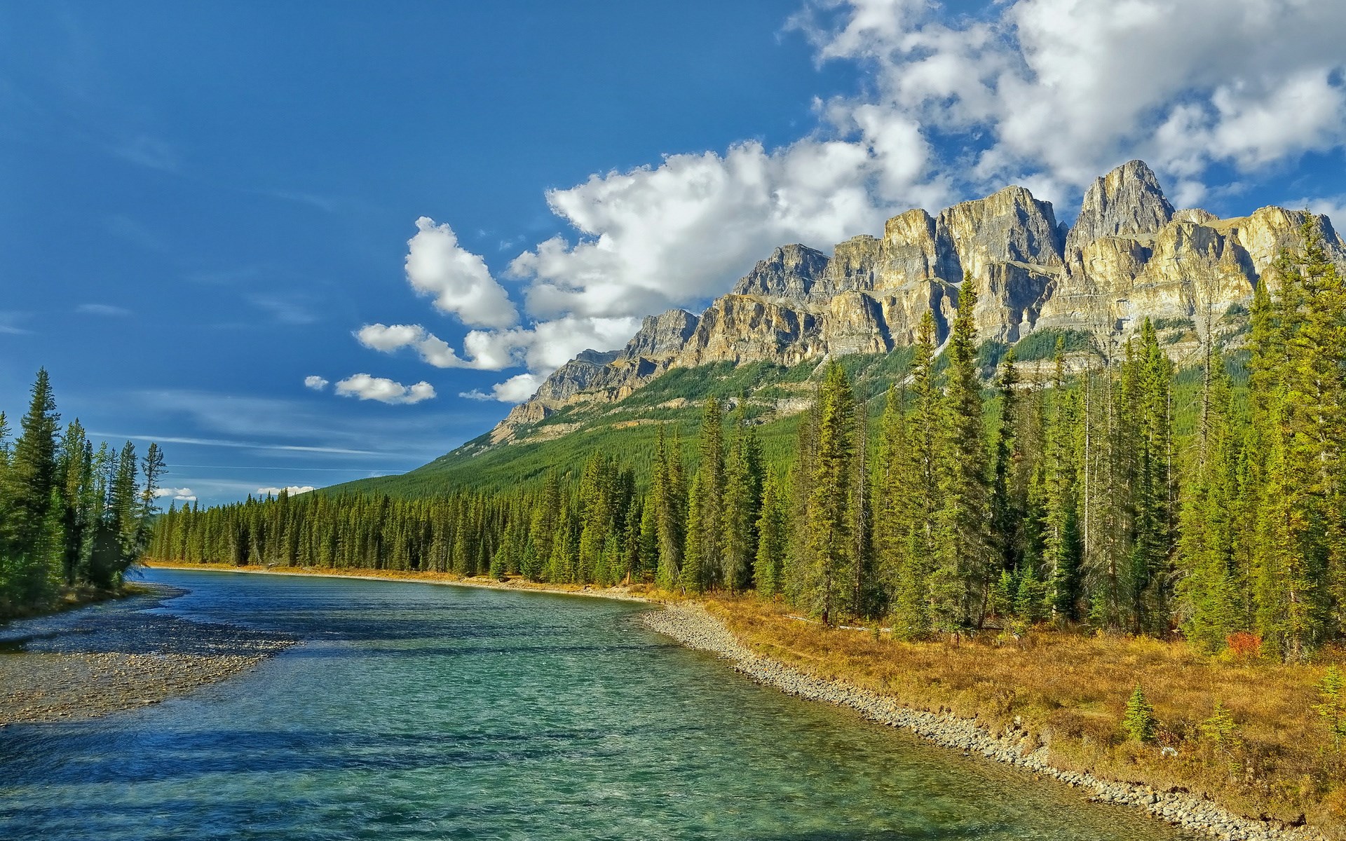 River flowing by a forest and mountains under a blue sky HD Wallpaper
