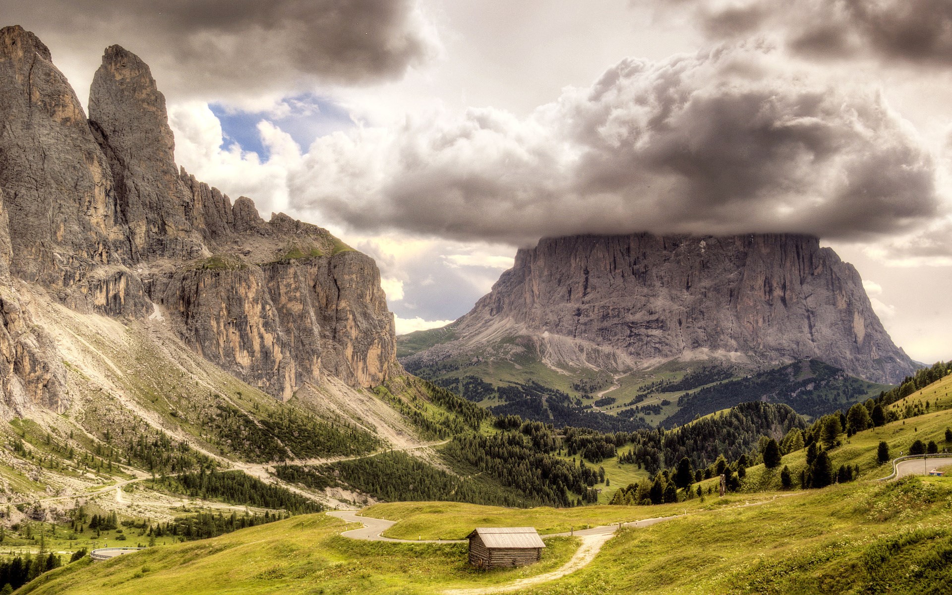 Mountain landscape with a small cabin and clouds HD Wallpaper