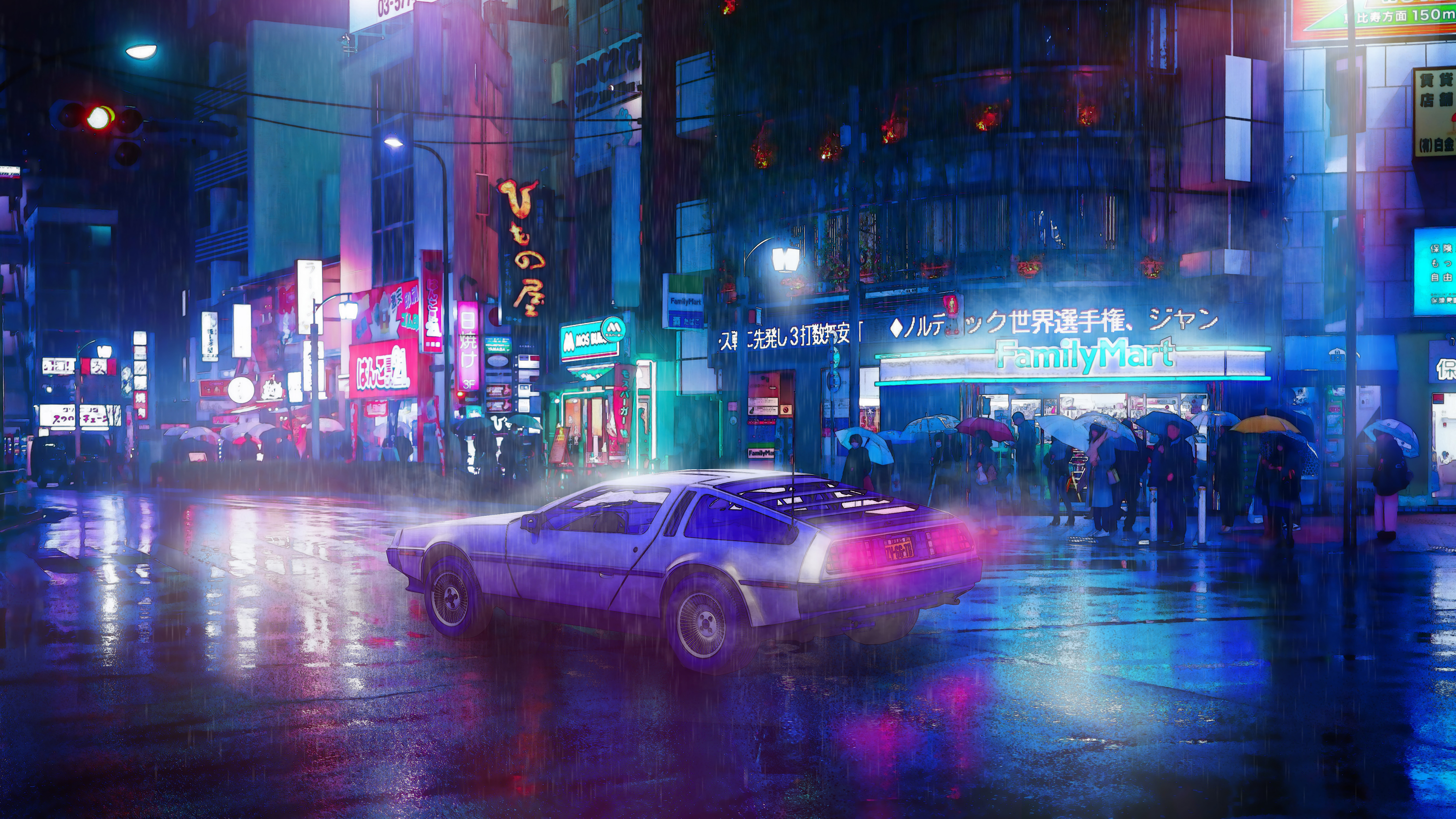 DeLorean in a rainy neon-lit Japanese city street HD Wallpaper