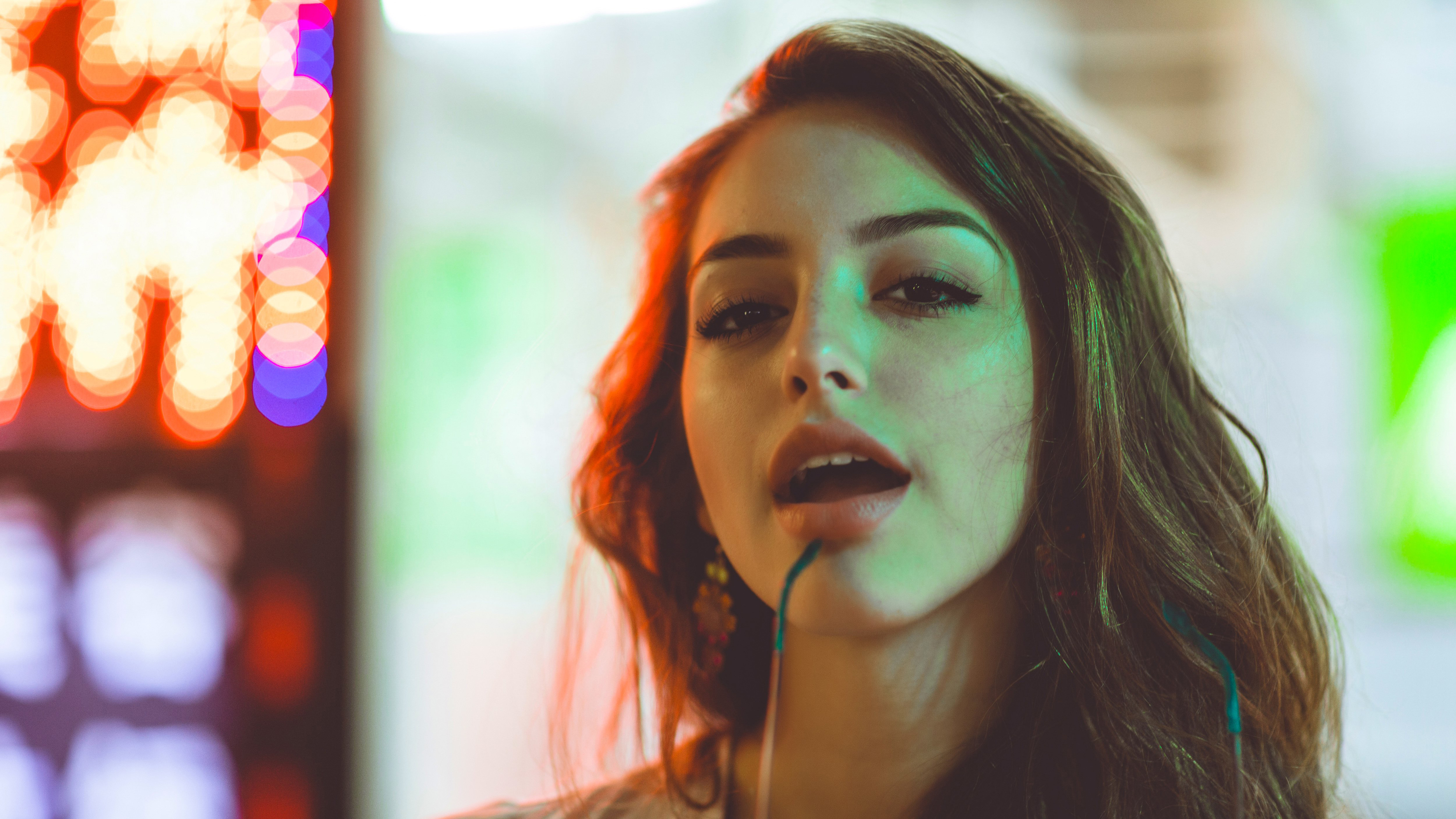 Woman with headphones in neon lights HD Wallpaper