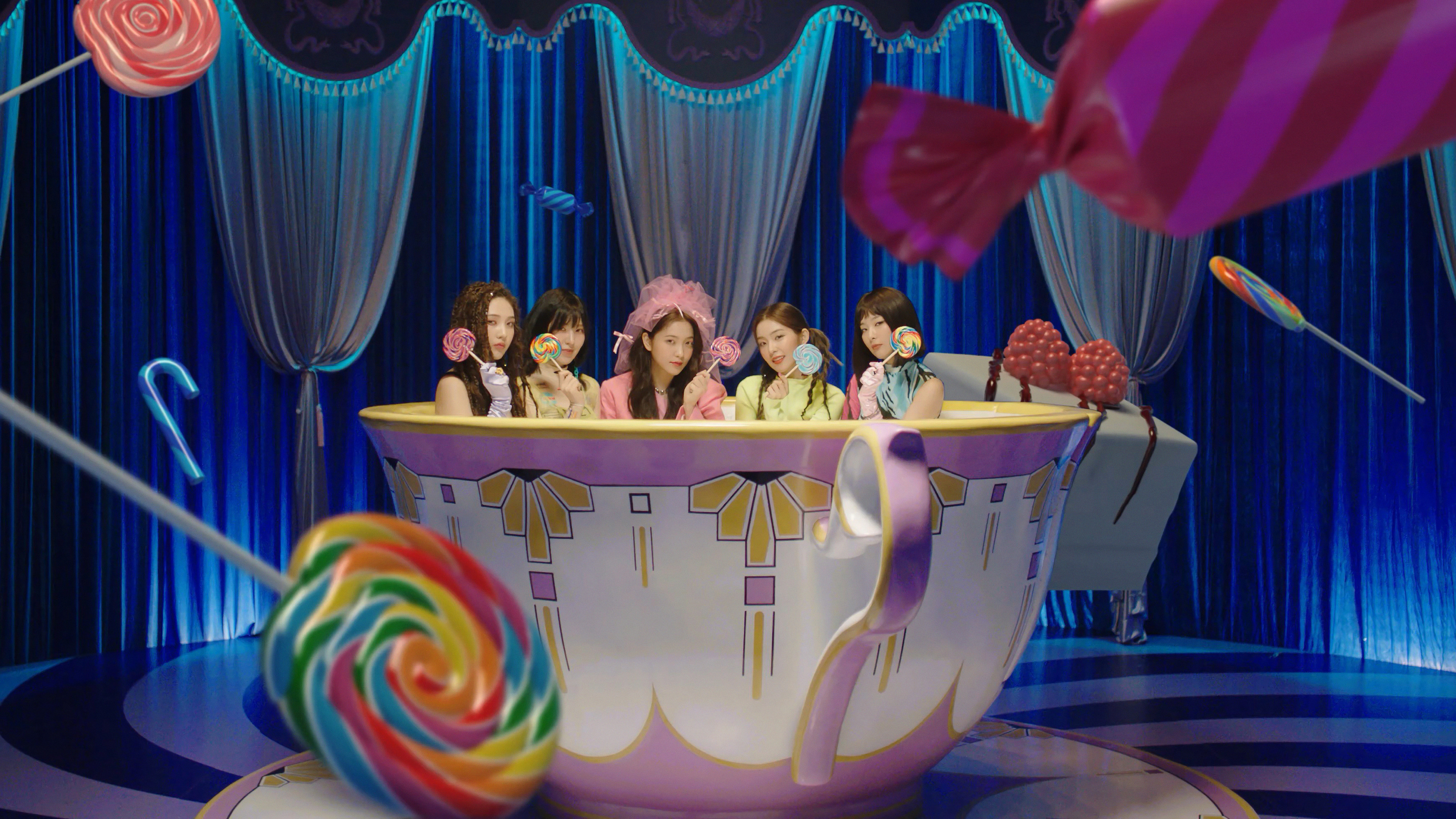 Red Velvet members in a teacup with lollipops, 4K HD Wallpaper