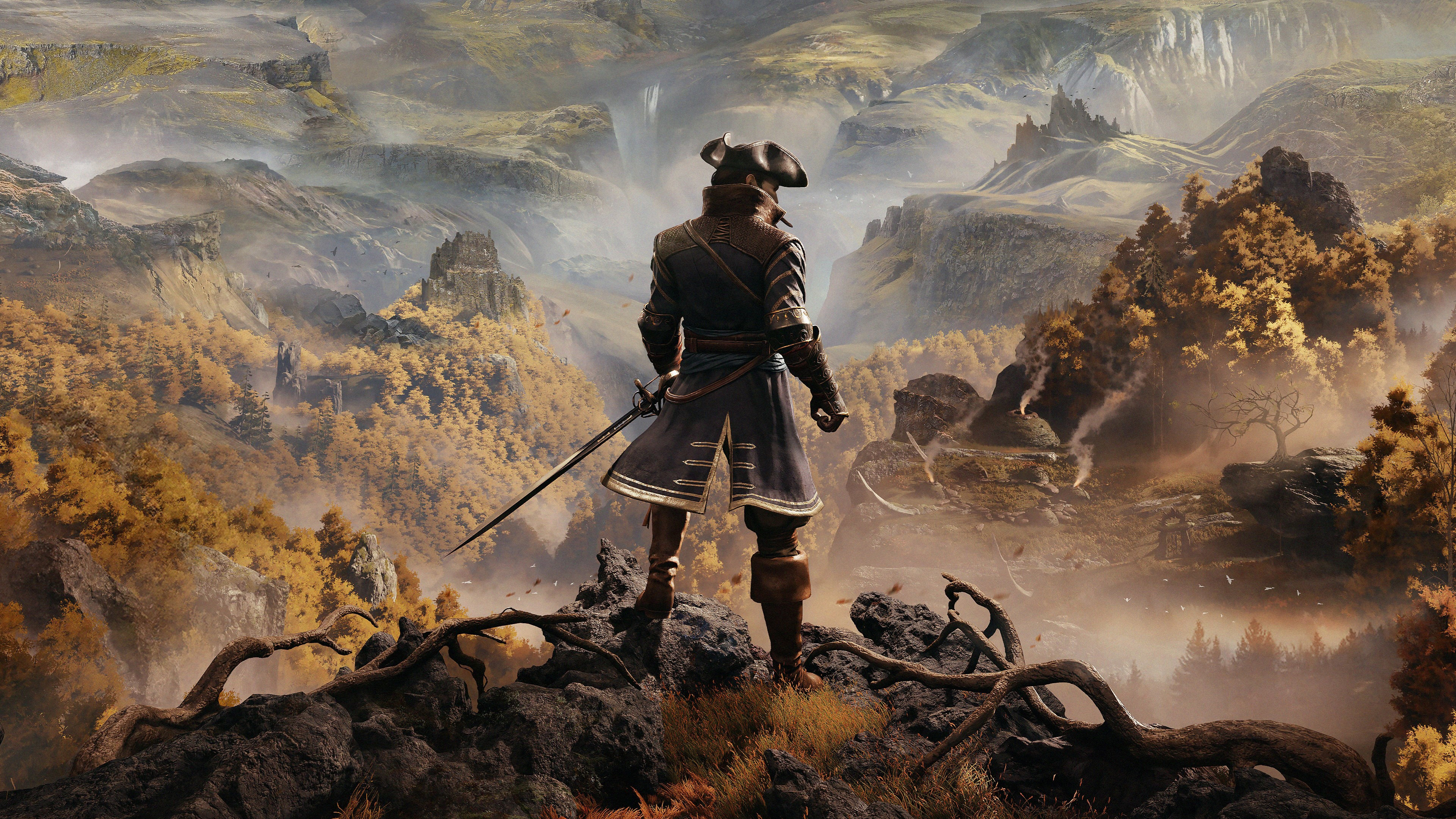 Man with sword from Greedfall in mountainous landscape 4K HD Wallpaper