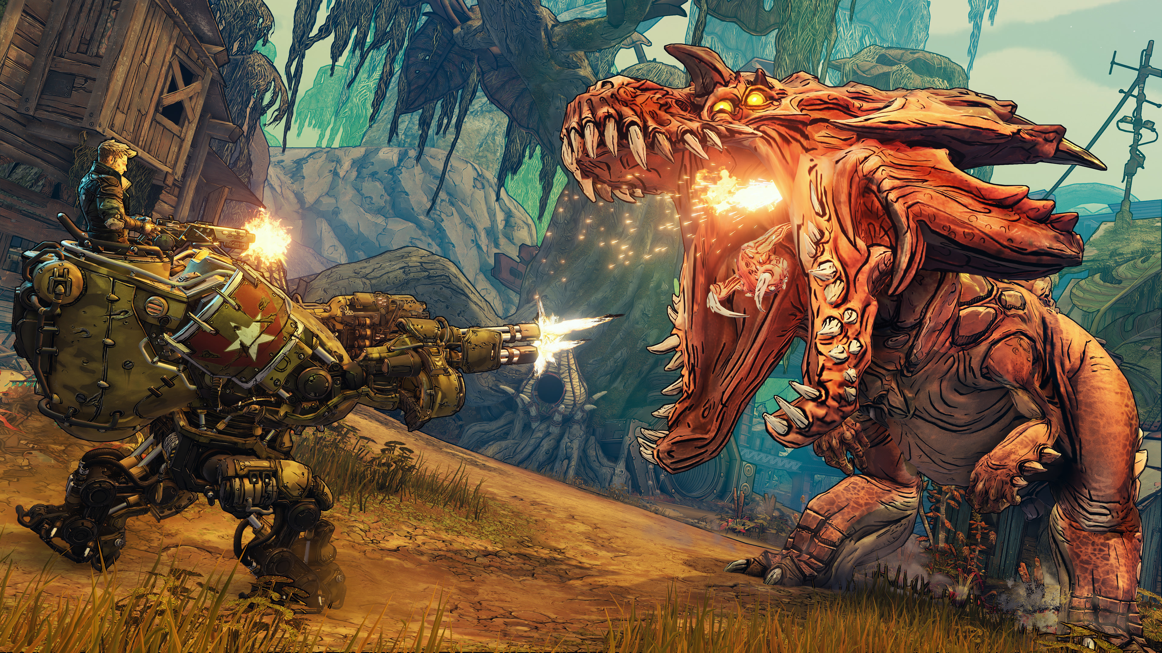 Zane from Borderlands 3 in a mech fighting a dragon HD Wallpaper