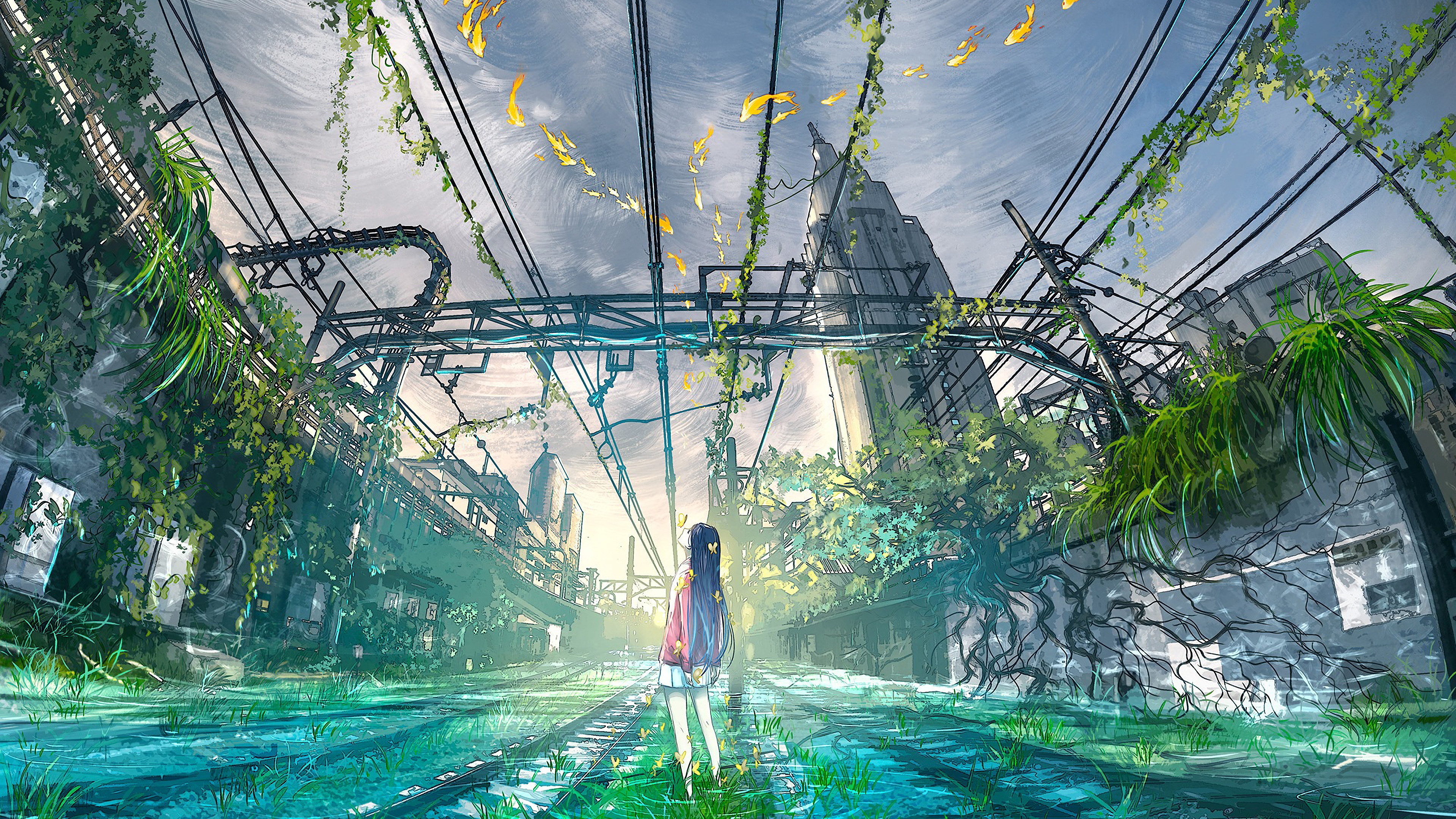 Anime girl in overgrown abandoned city 4K HD Wallpaper