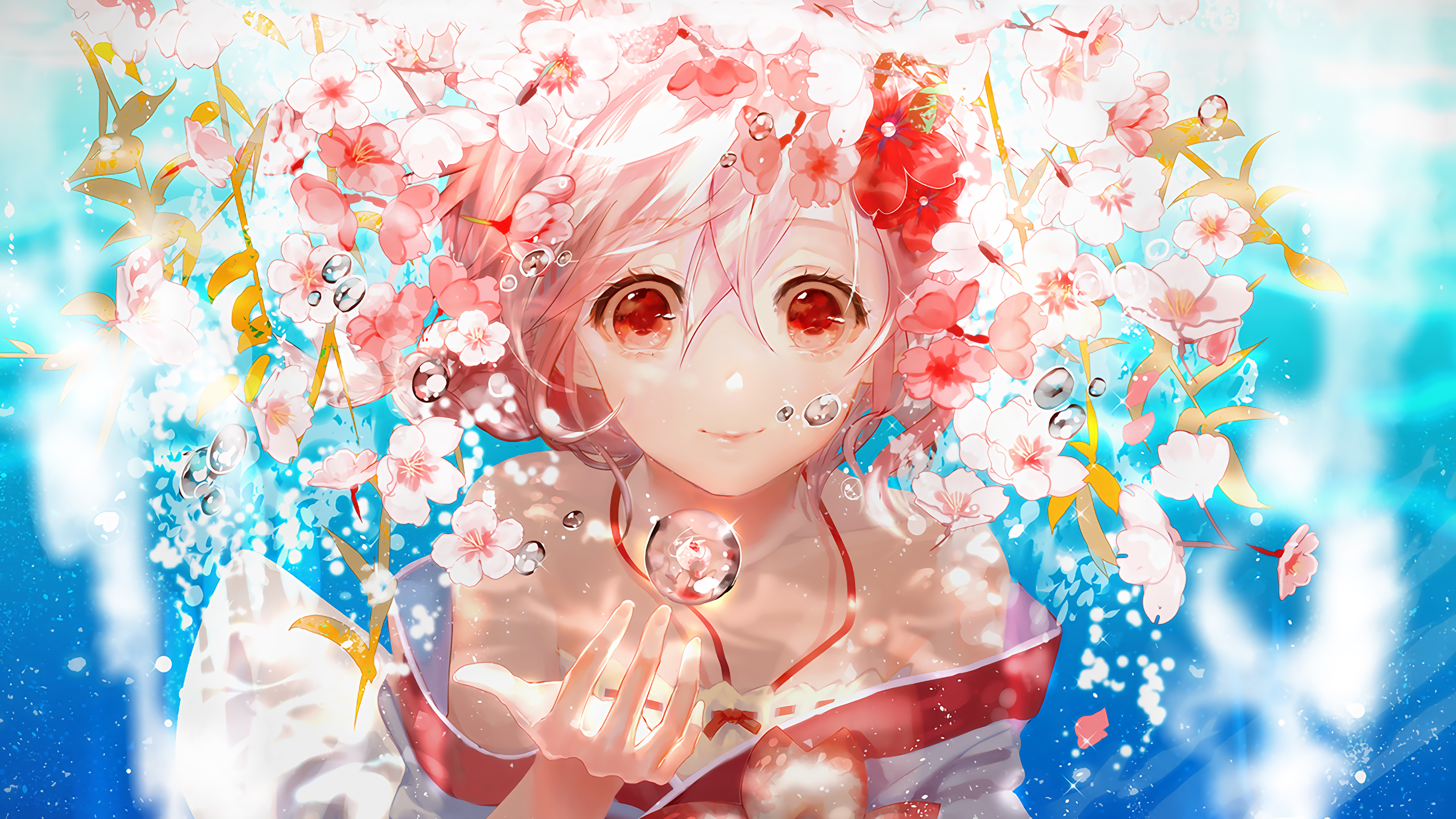 Anime Girl with Pink Flowers Underwater 4K HD Wallpaper