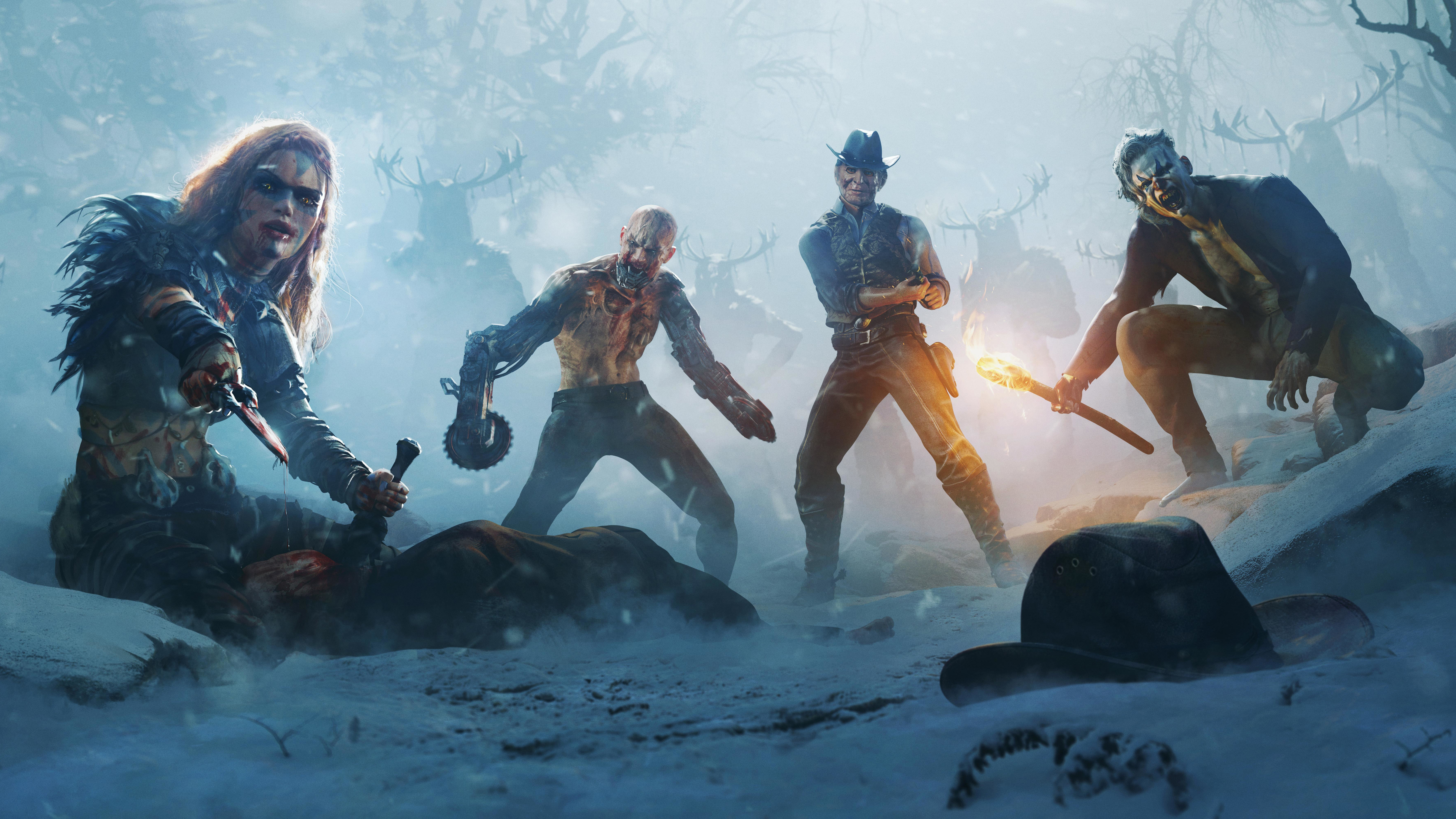 Survivors fighting zombies in a snowy forest HD Wallpaper