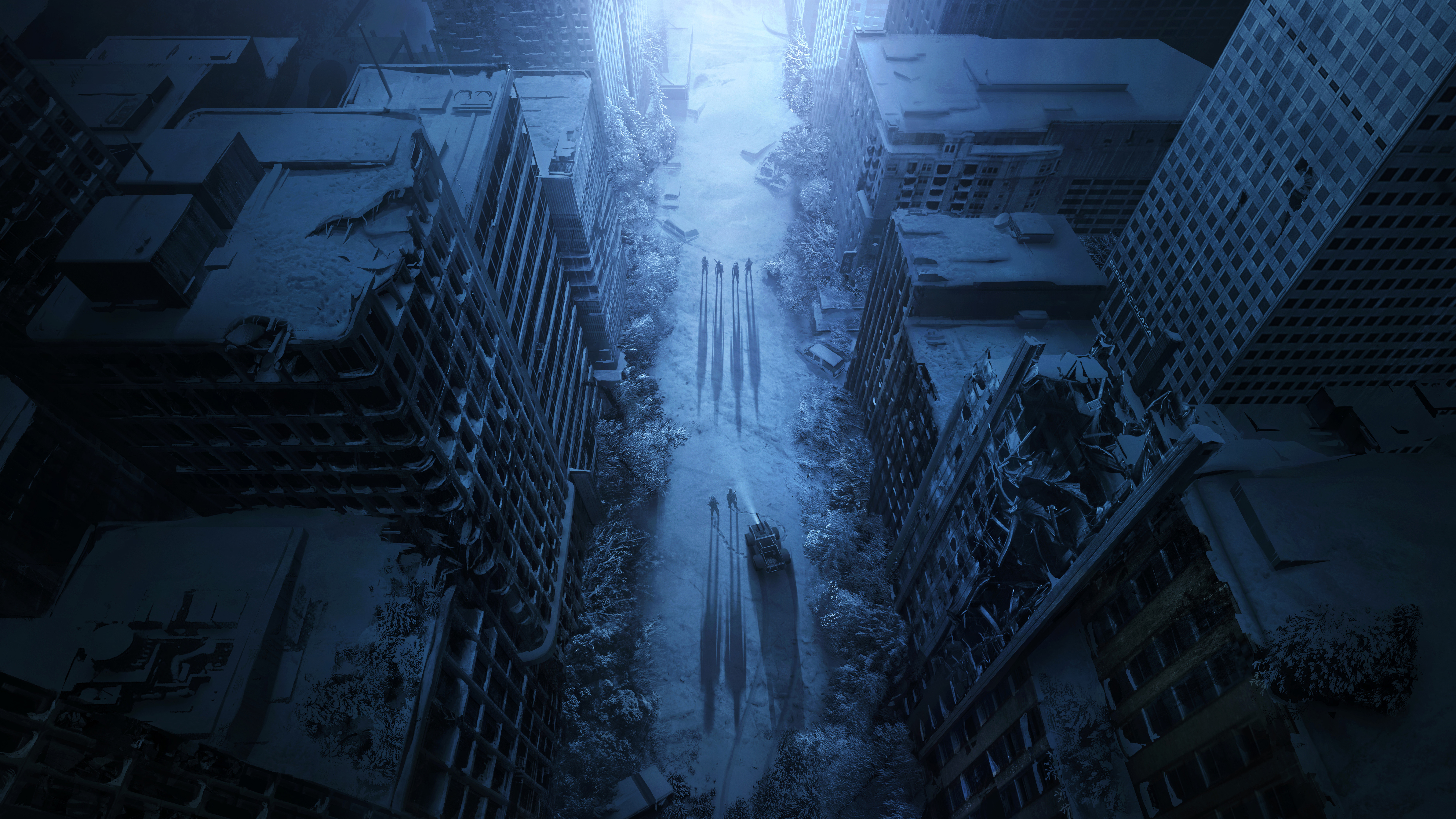 Post-apocalyptic city street with figures and vehicle HD Wallpaper