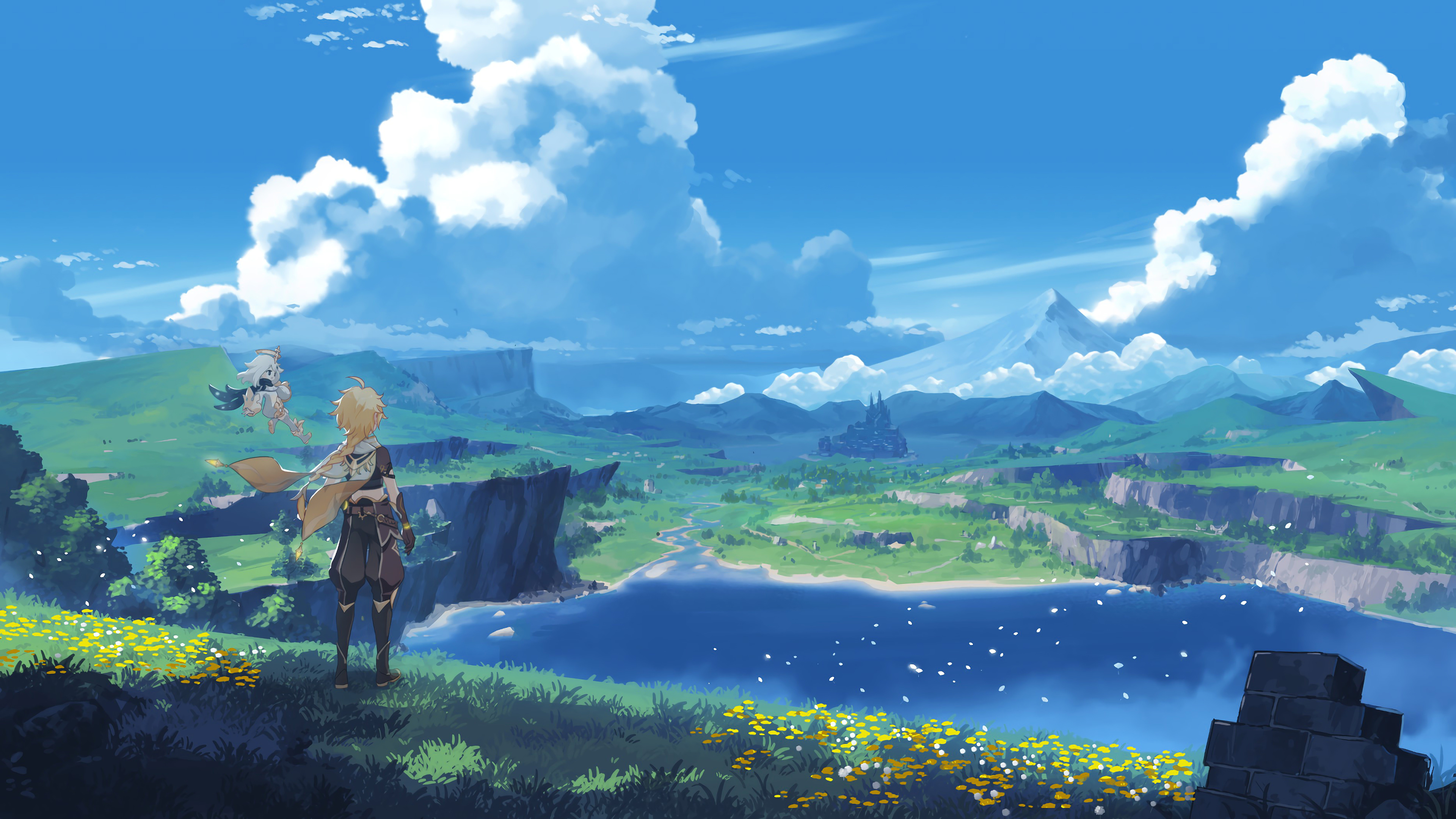 Aether and Paimon from Genshin Impact in a landscape HD Wallpaper