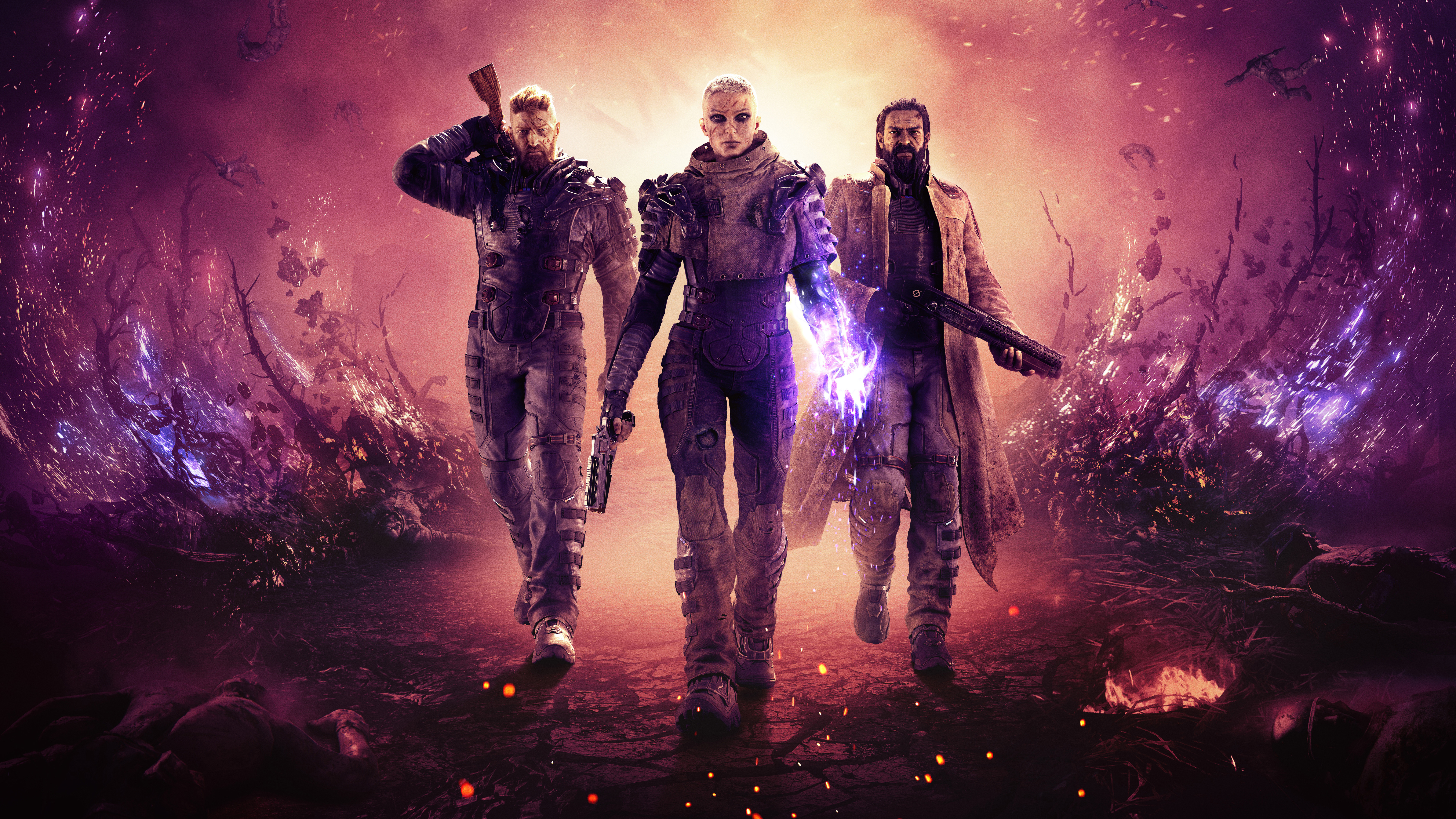 Three characters in a sci-fi setting HD Wallpaper