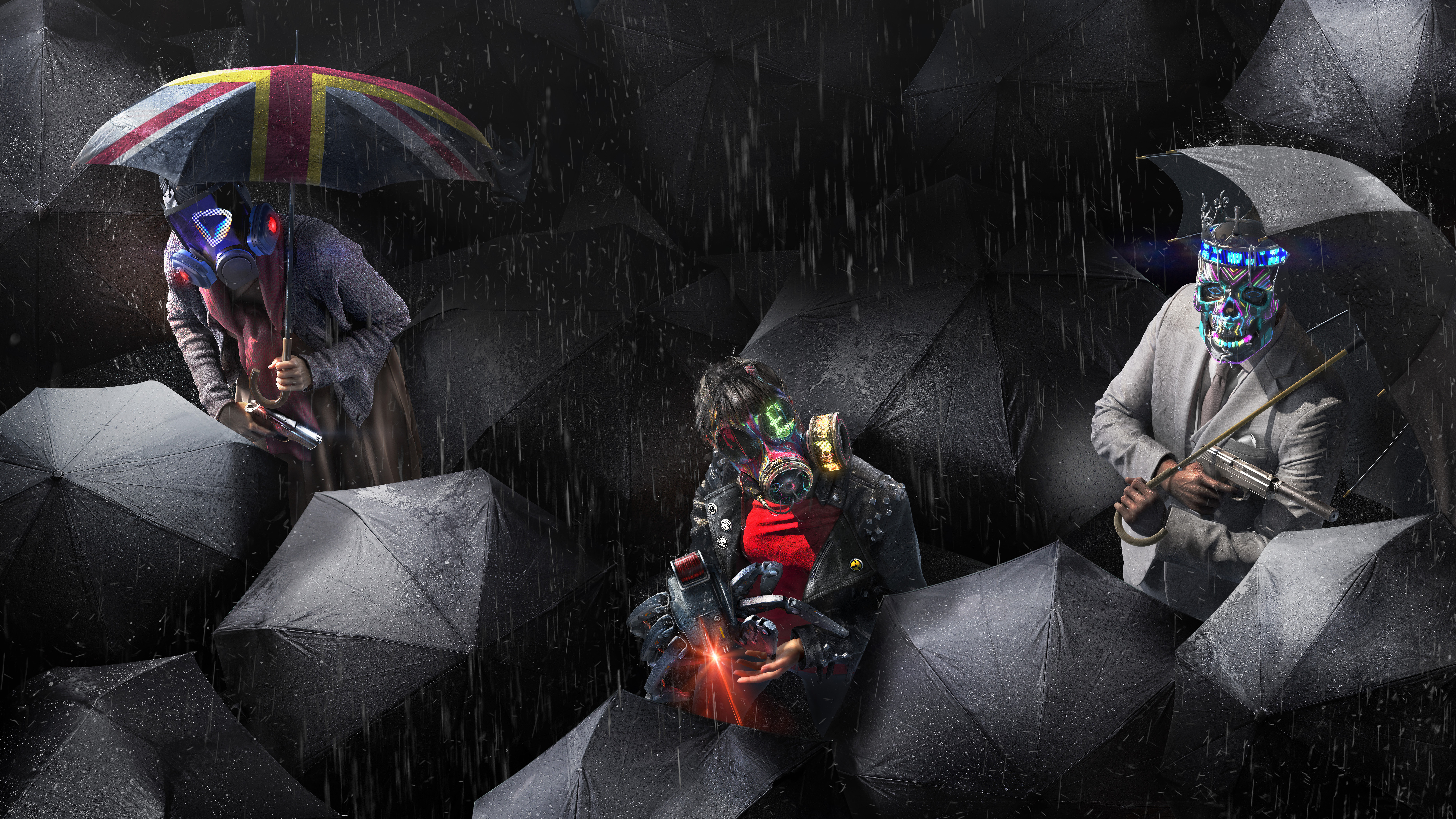 Three figures in gas masks holding guns under umbrellas in the rain HD Wallpaper