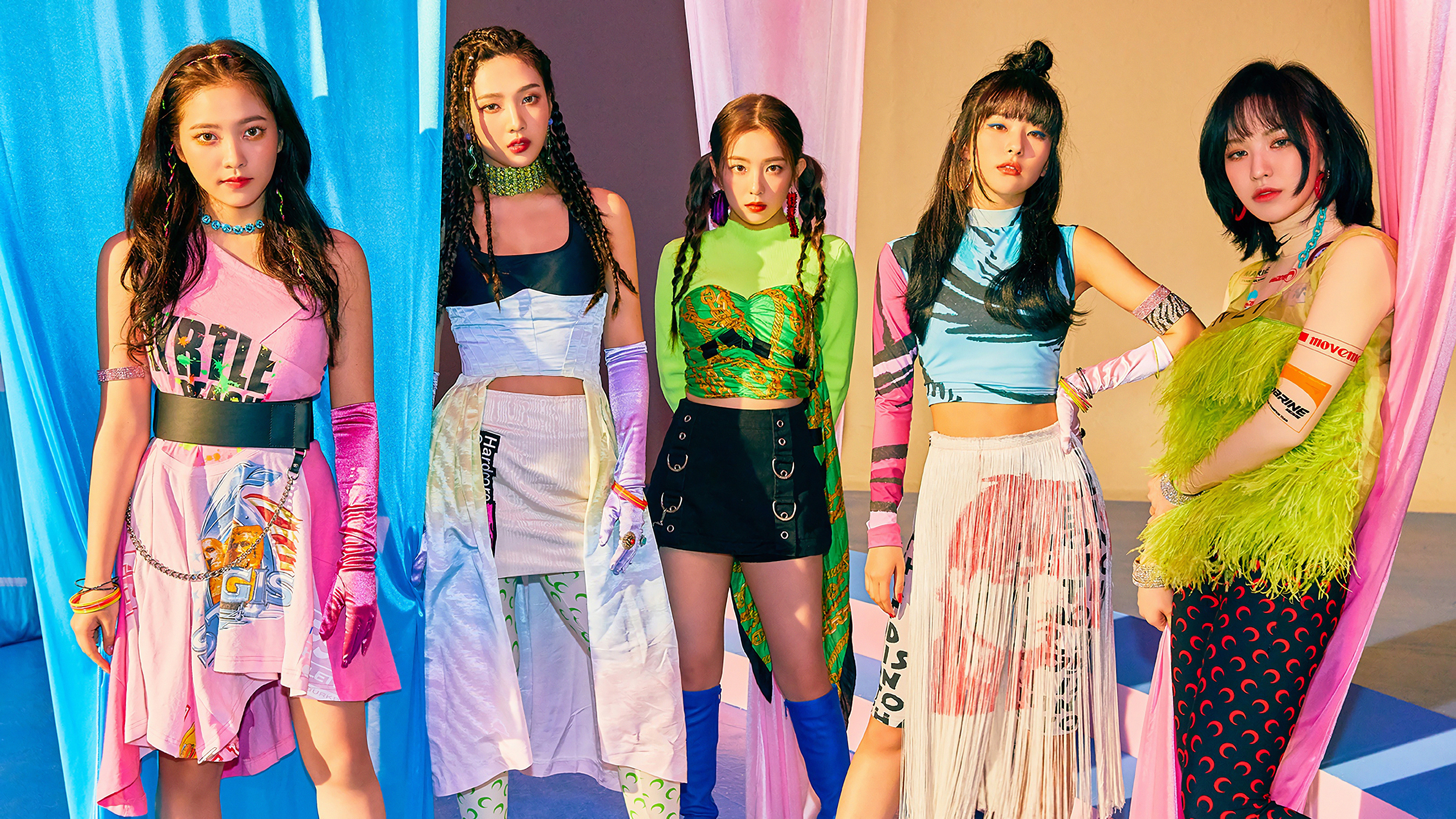 Red Velvet members Yeri, Joy, Irene, Seulgi, Wendy in colorful outfits HD Wallpaper