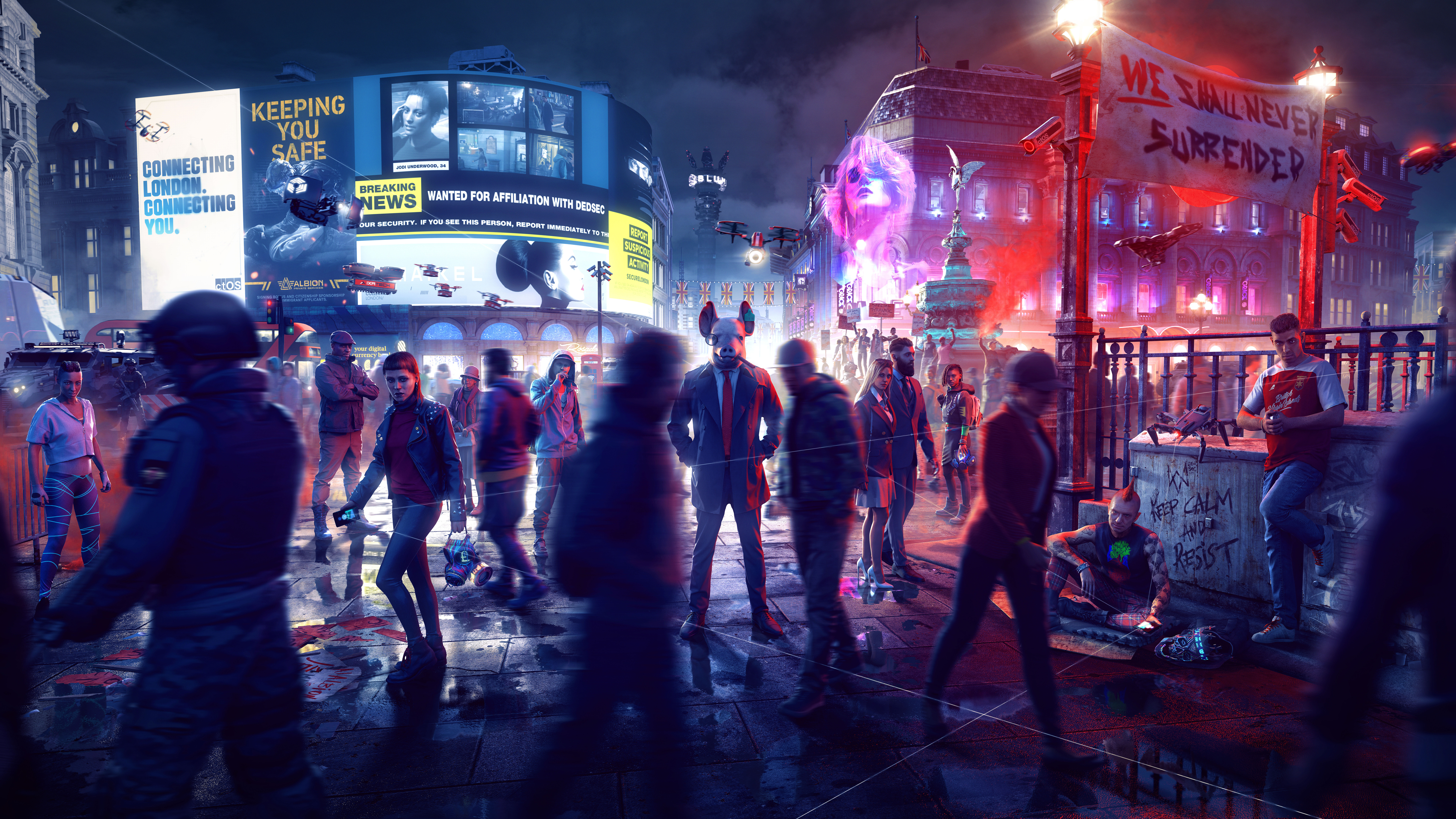Protestors in a futuristic London square HD Wallpaper