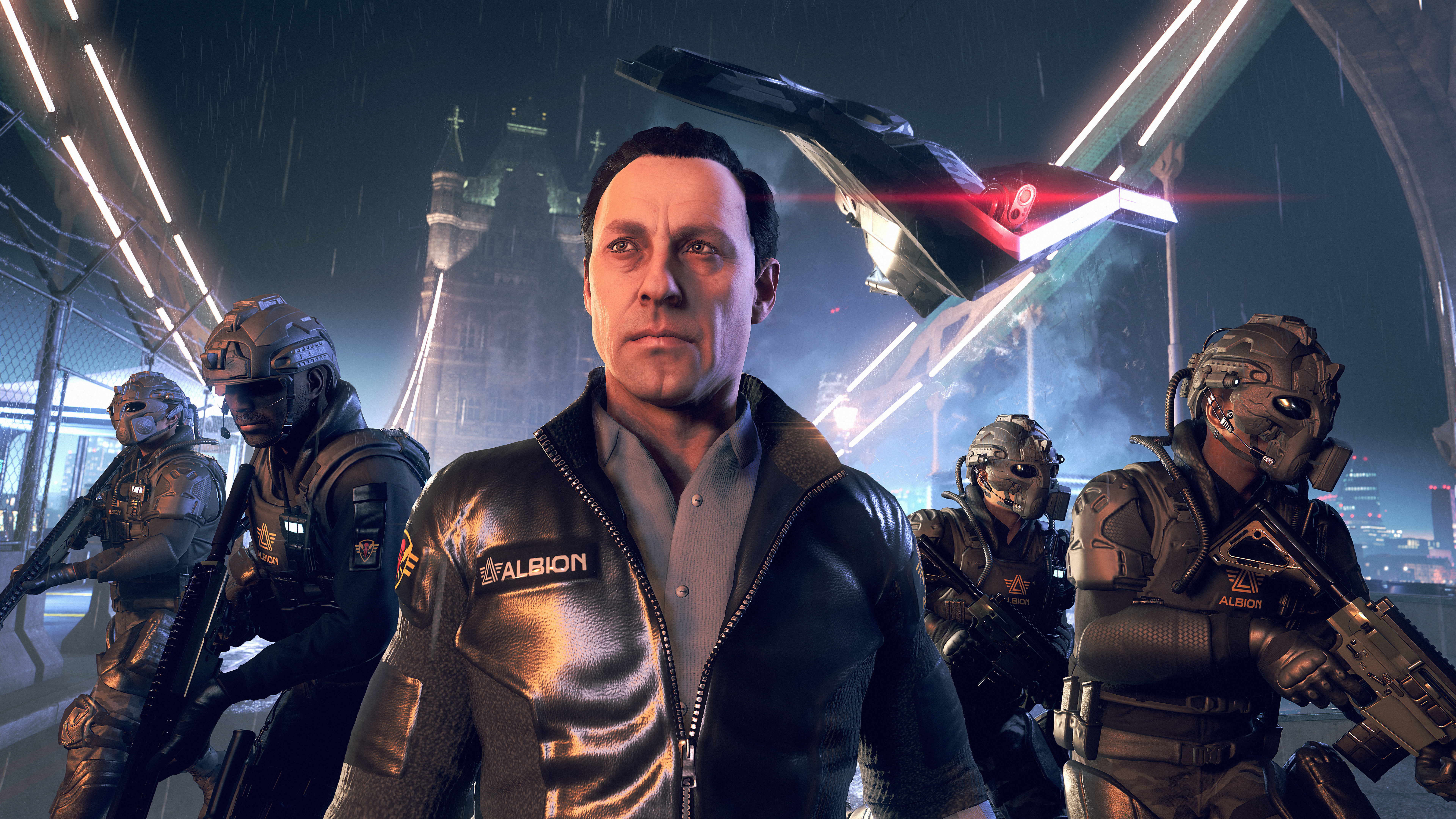Albion operatives and a man in front of Tower Bridge HD Wallpaper