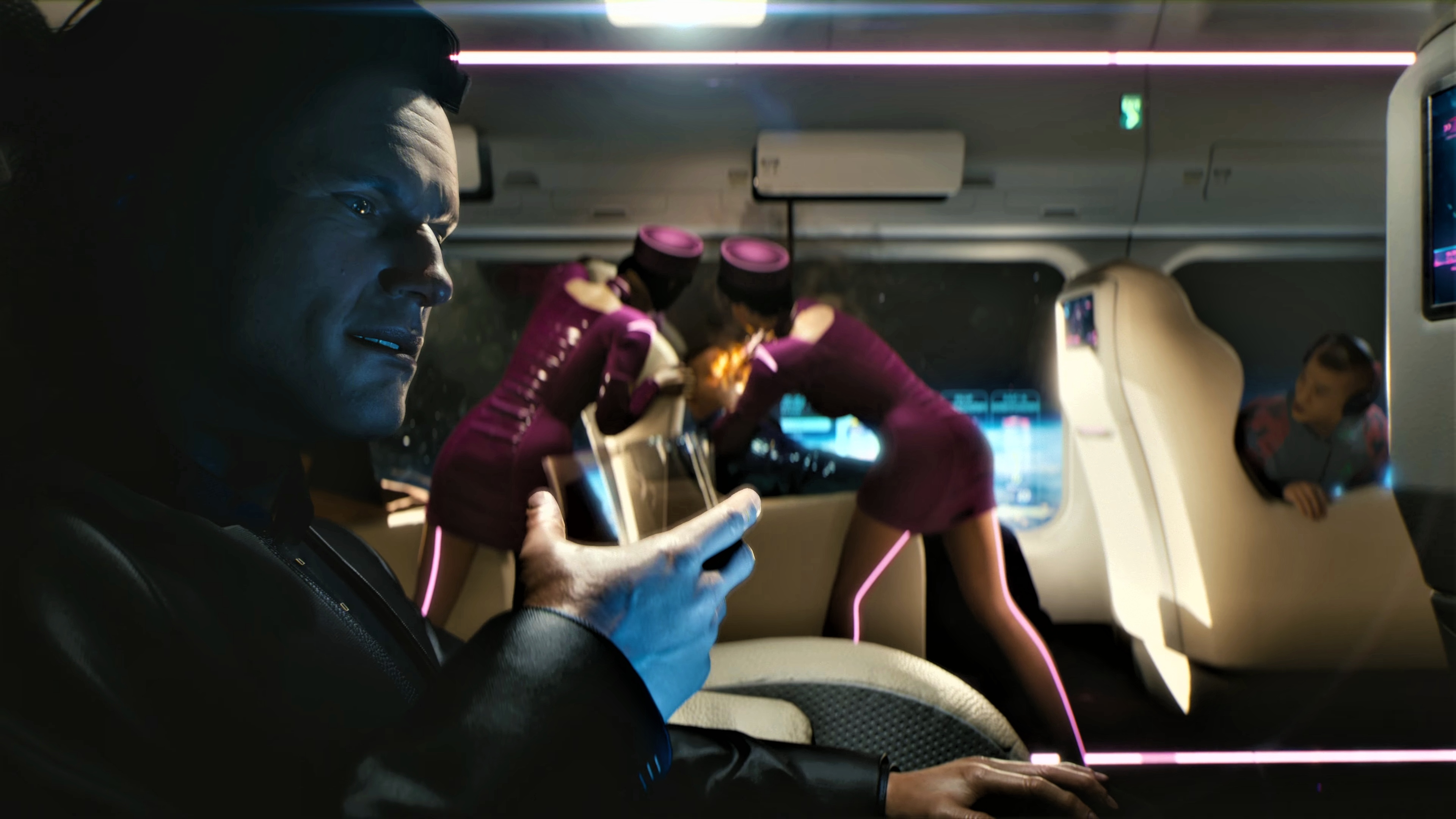 Man drinking in a futuristic airplane cabin with flight attendants HD Wallpaper