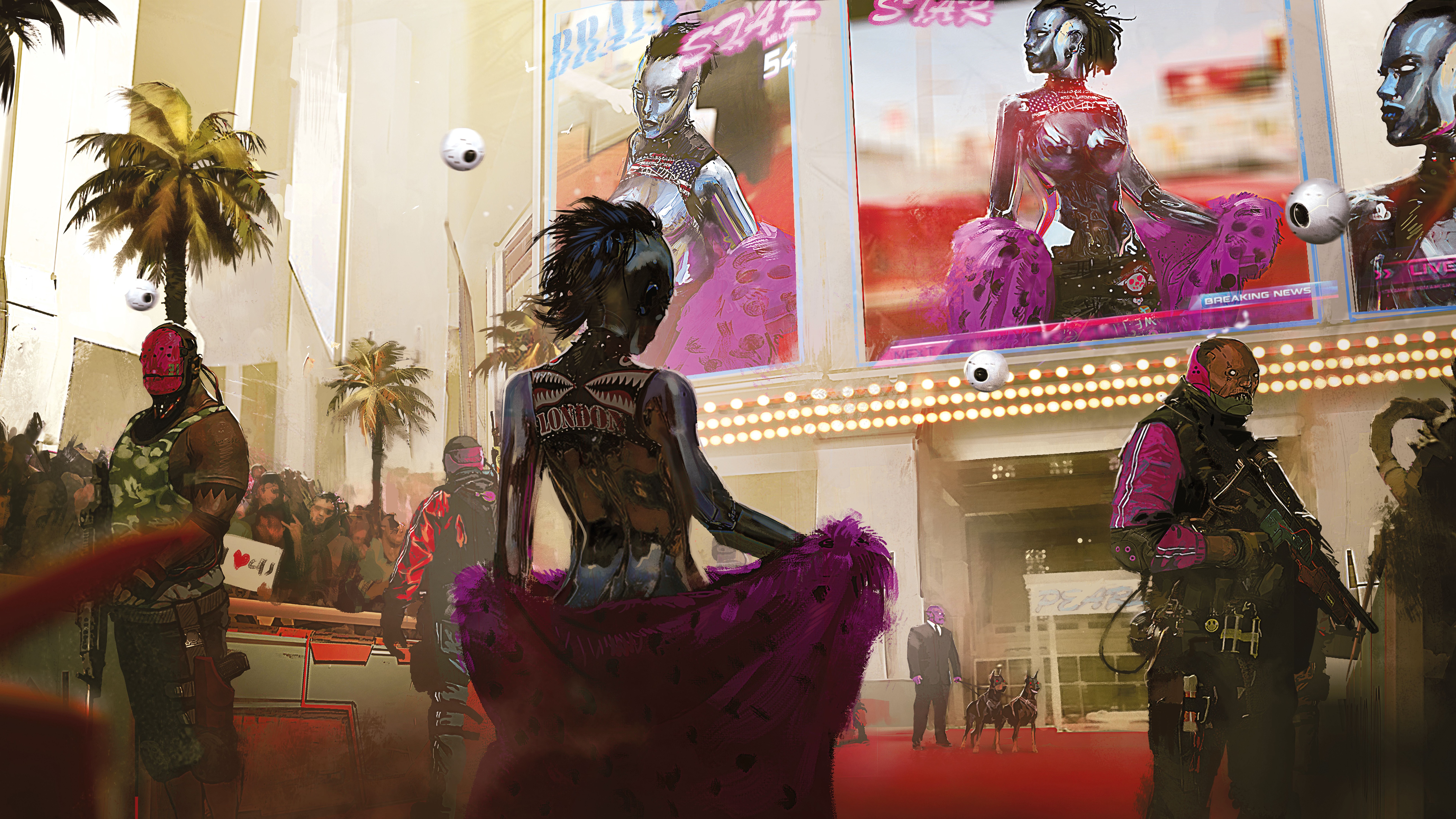 Cyberpunk street scene with androids and armed guards HD Wallpaper