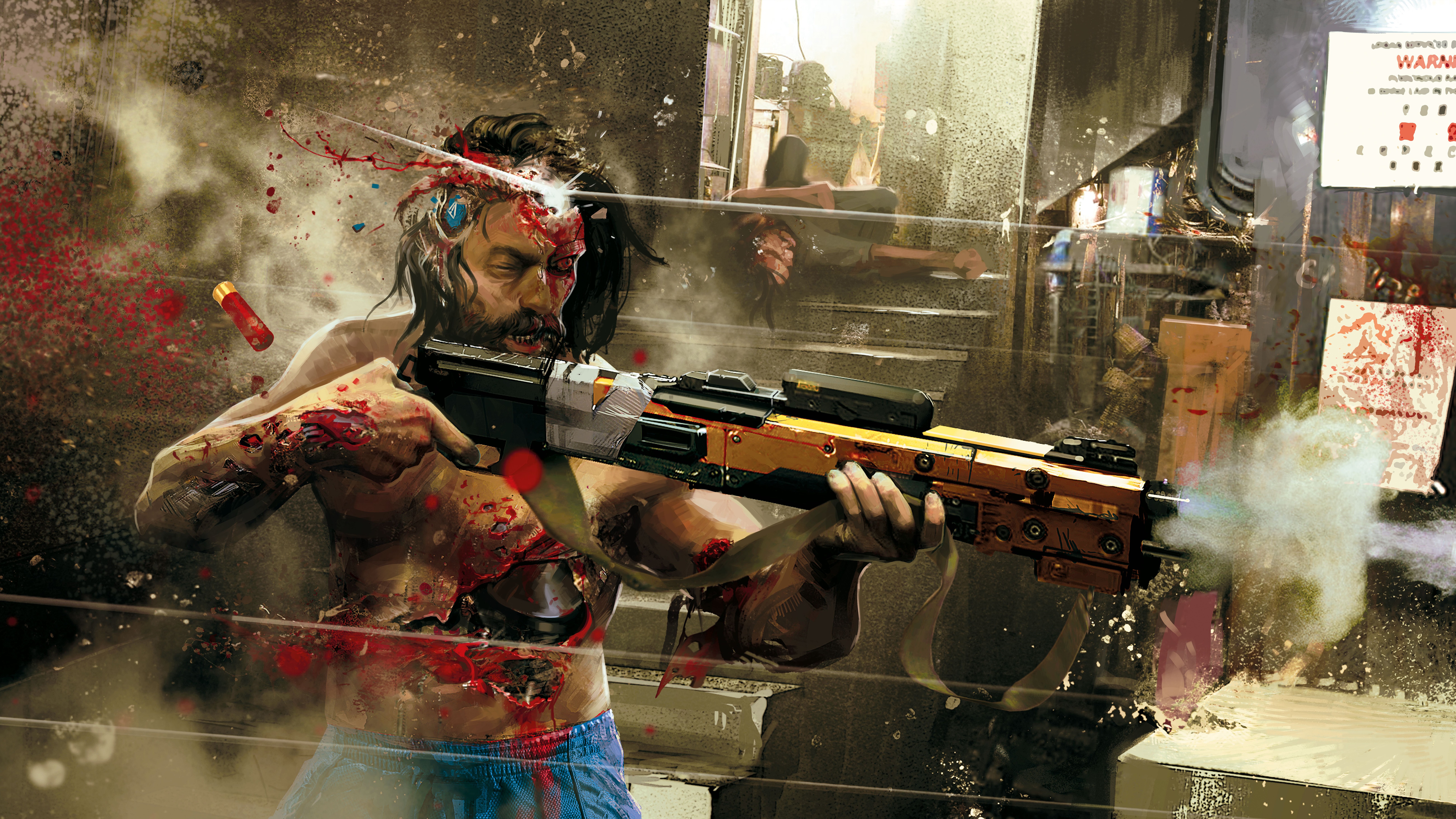 Man with shotgun wounds firing a rifle HD Wallpaper