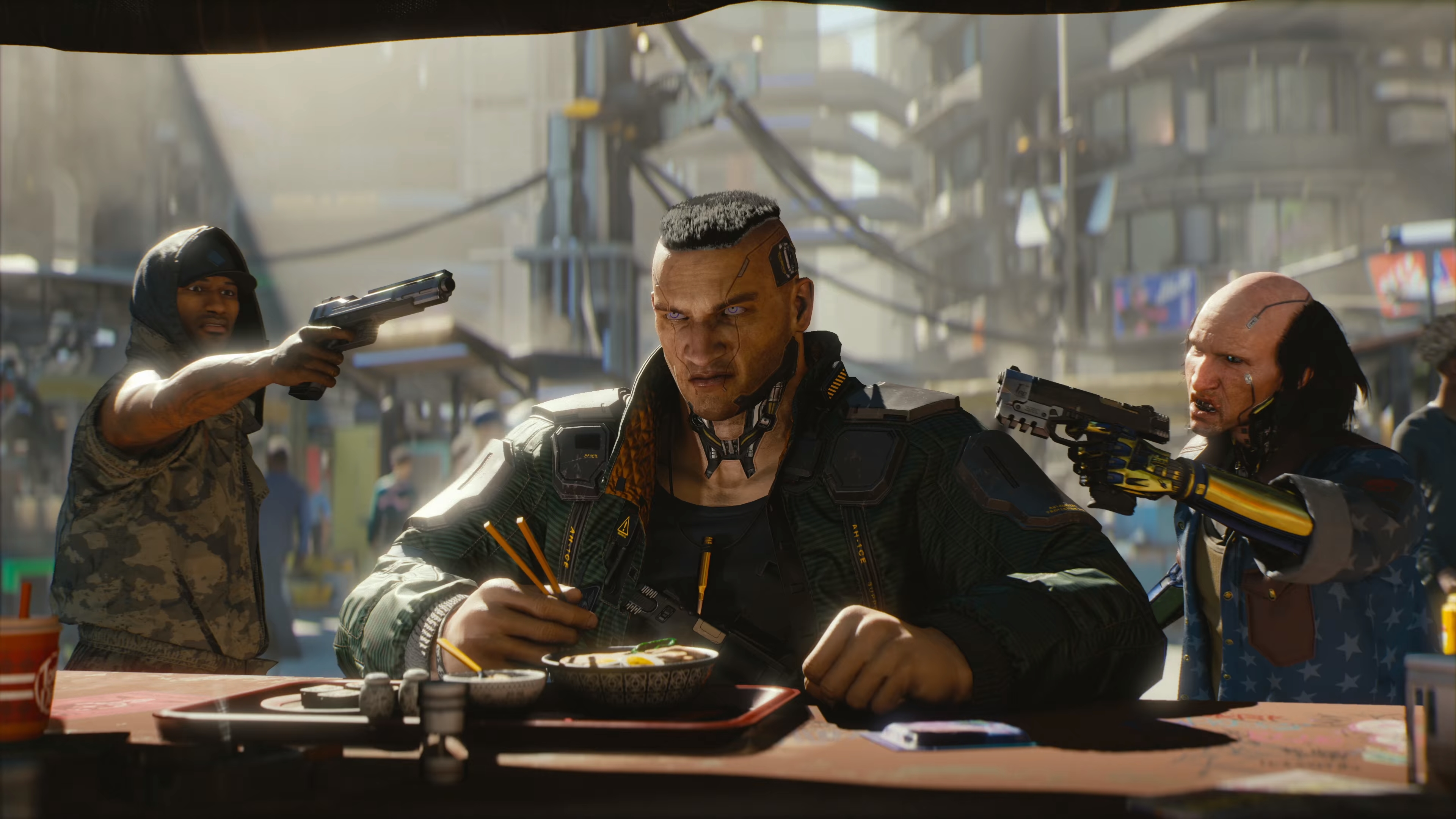 Cyberpunk 2077: Two men hold guns to a man eating noodles HD Wallpaper