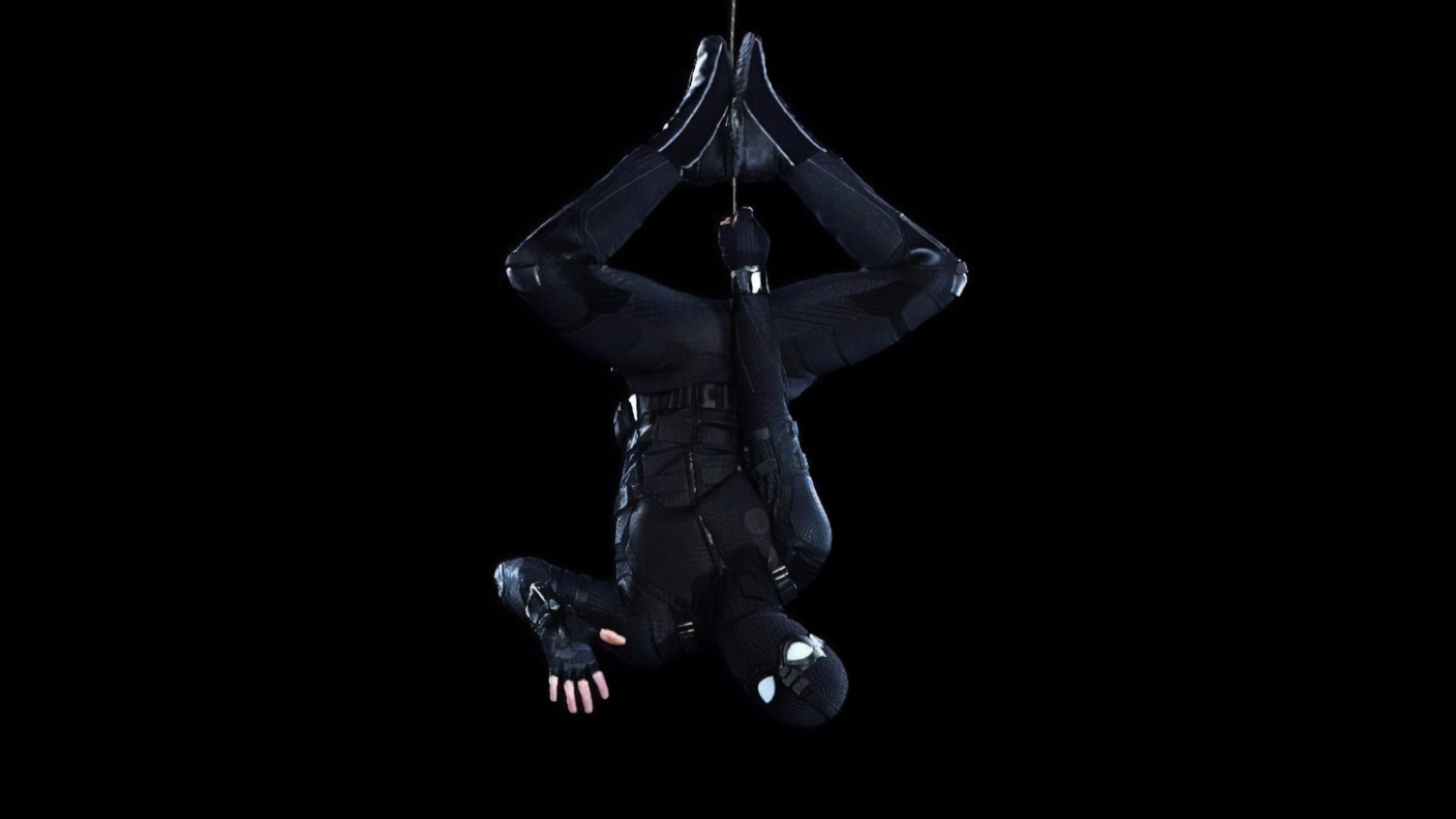 Spider-Man in Stealth Suit hanging upside down 4K HD Wallpaper