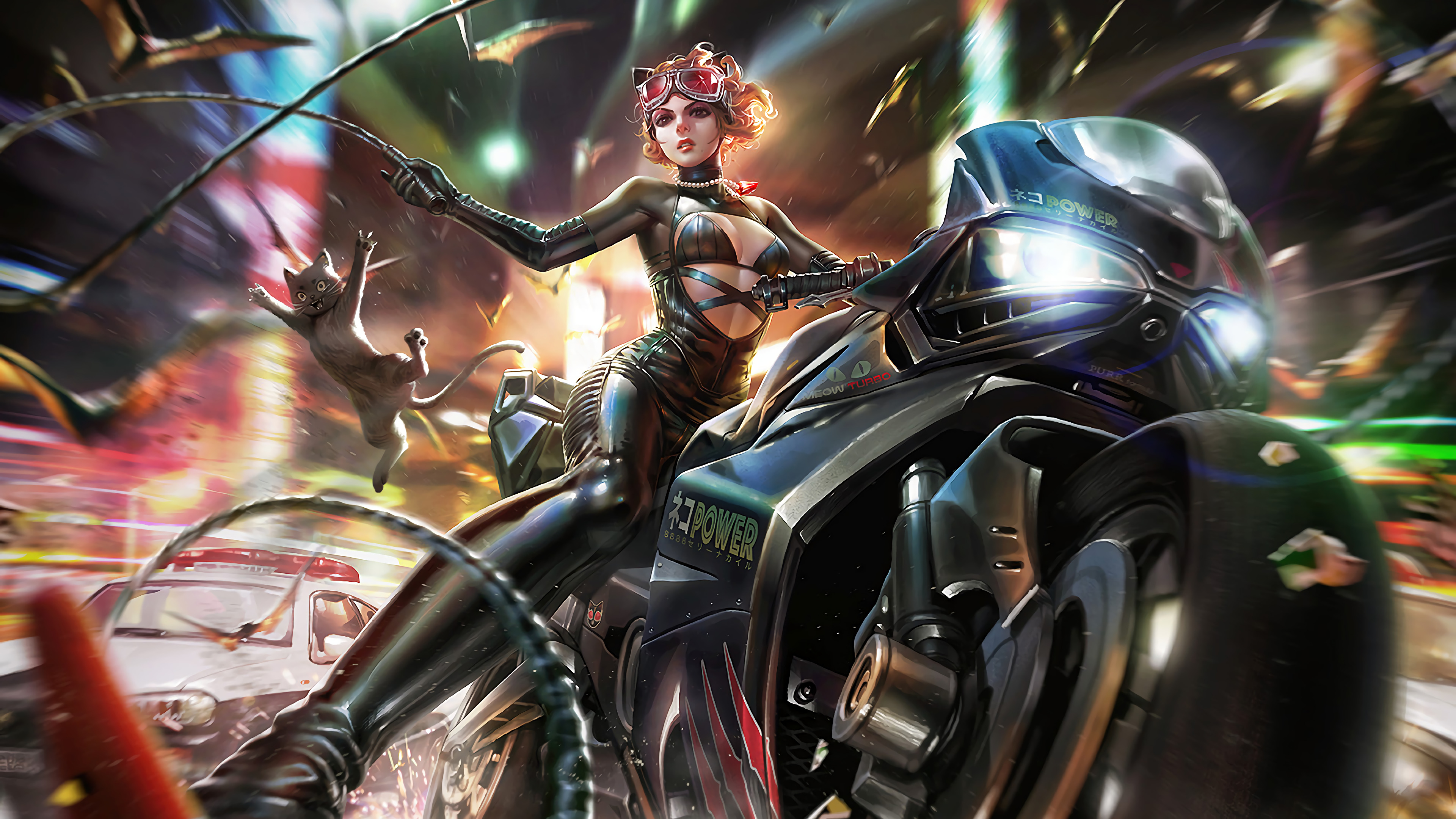 Catwoman on a motorcycle with a cat and police car HD Wallpaper