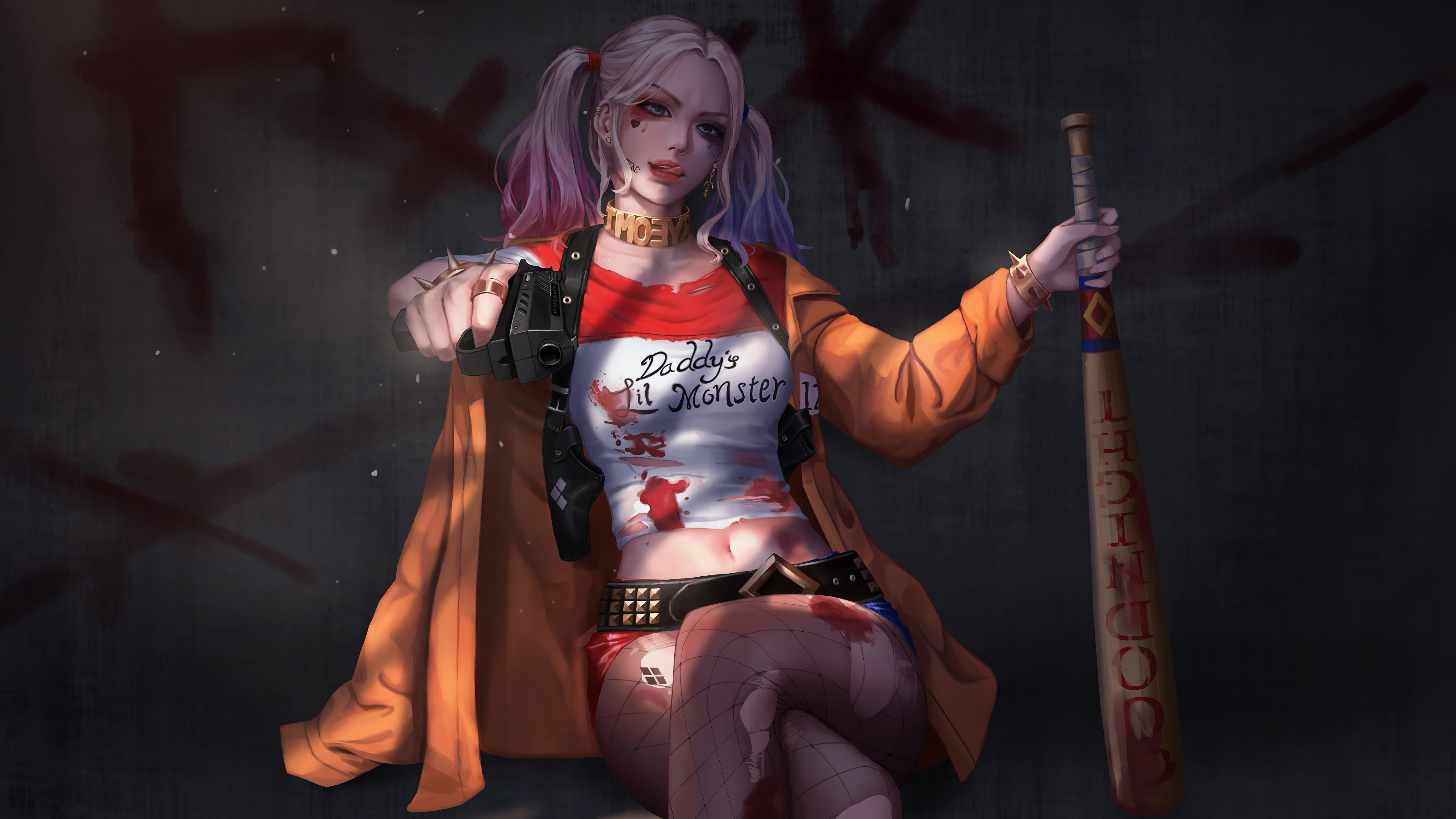 Harley Quinn from DC Comics holding a gun and baseball bat HD Wallpaper